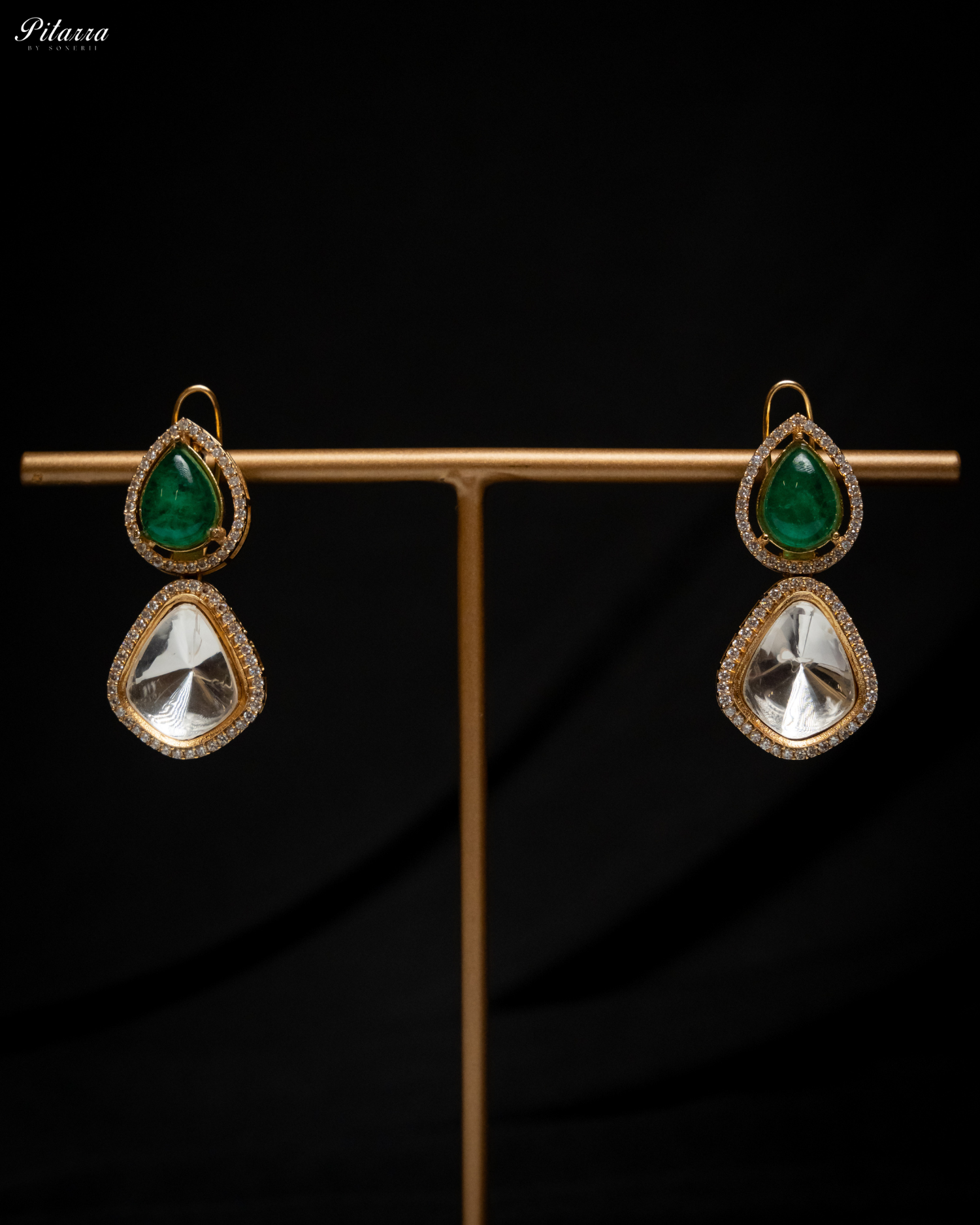 Antique Finish Golden Leaf Stone Kundan Set_Earrings