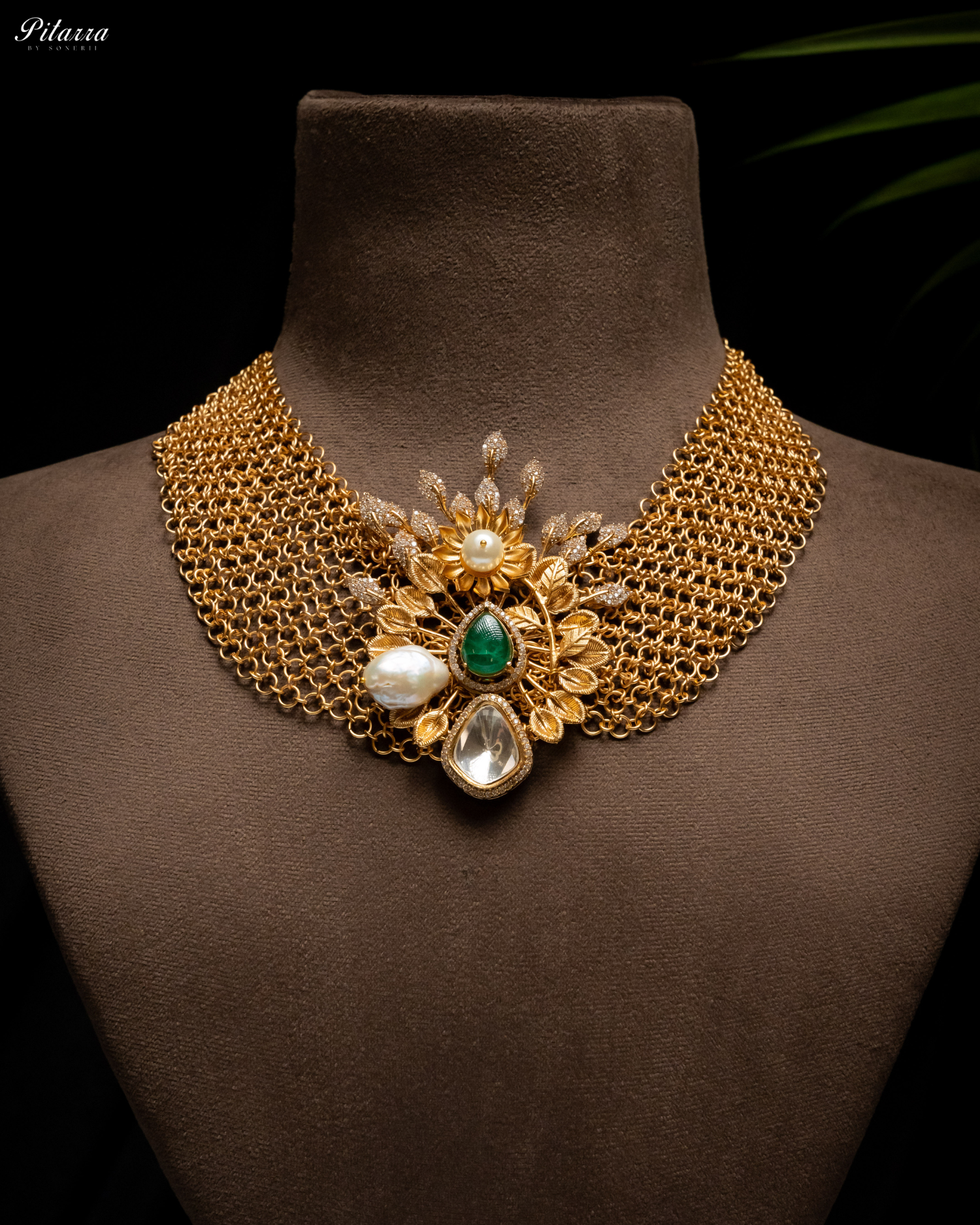 Antique Finish Golden Leaf Stone Kundan Set_Necklace