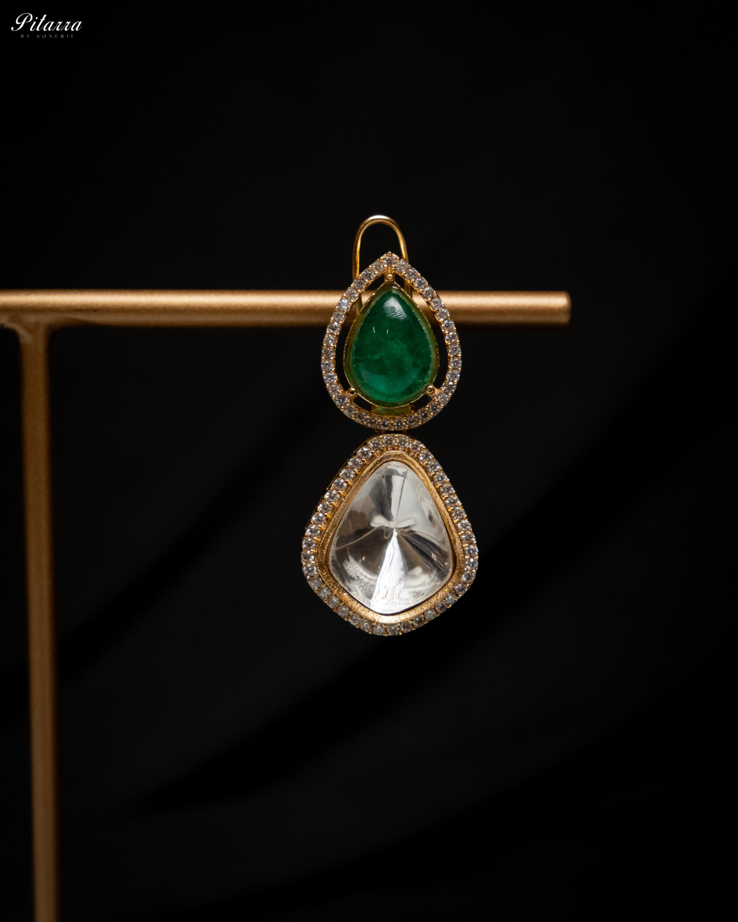 Antique Finish Golden Leaf Stone Kundan Set_Zoom Earrings