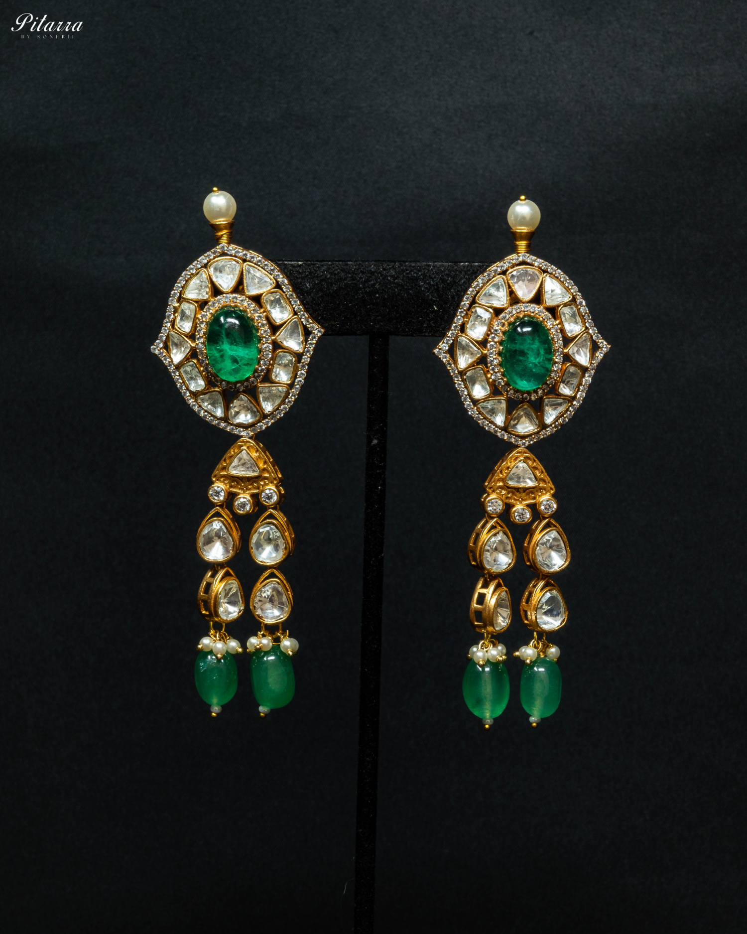 Antique Gold Plated Three Green Stone Kundan Jewelry_Earrings