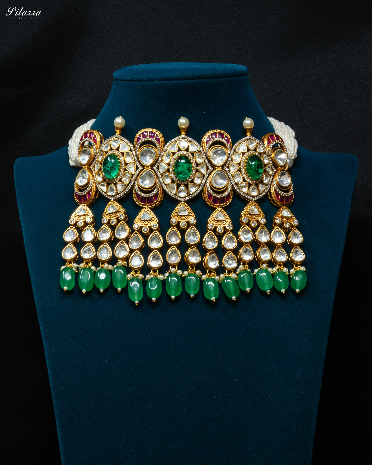 Antique Gold Plated Three Green Stone Kundan Jewelry_Front Image