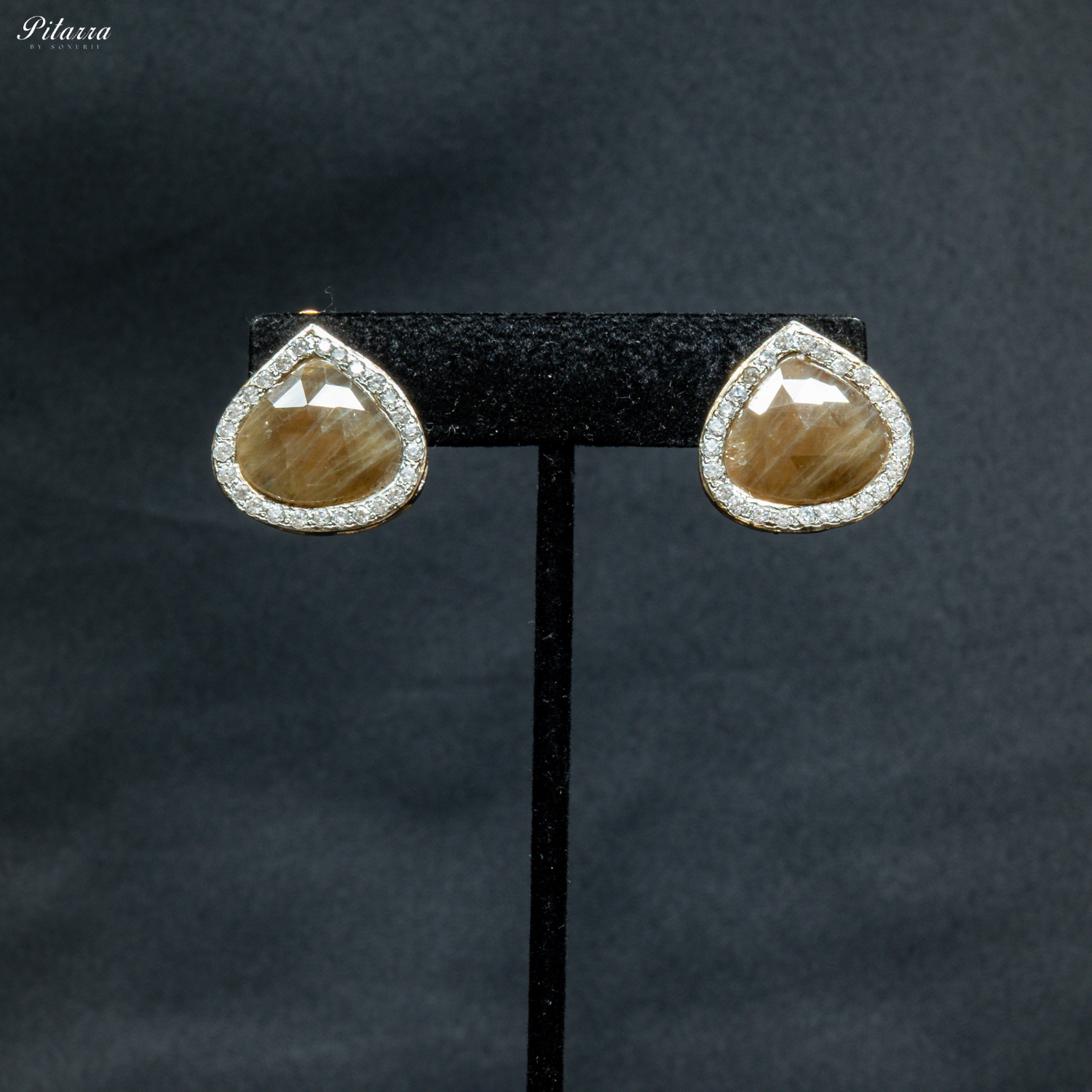 Black Square Stone Golden Statement Necklace Set_Earrings