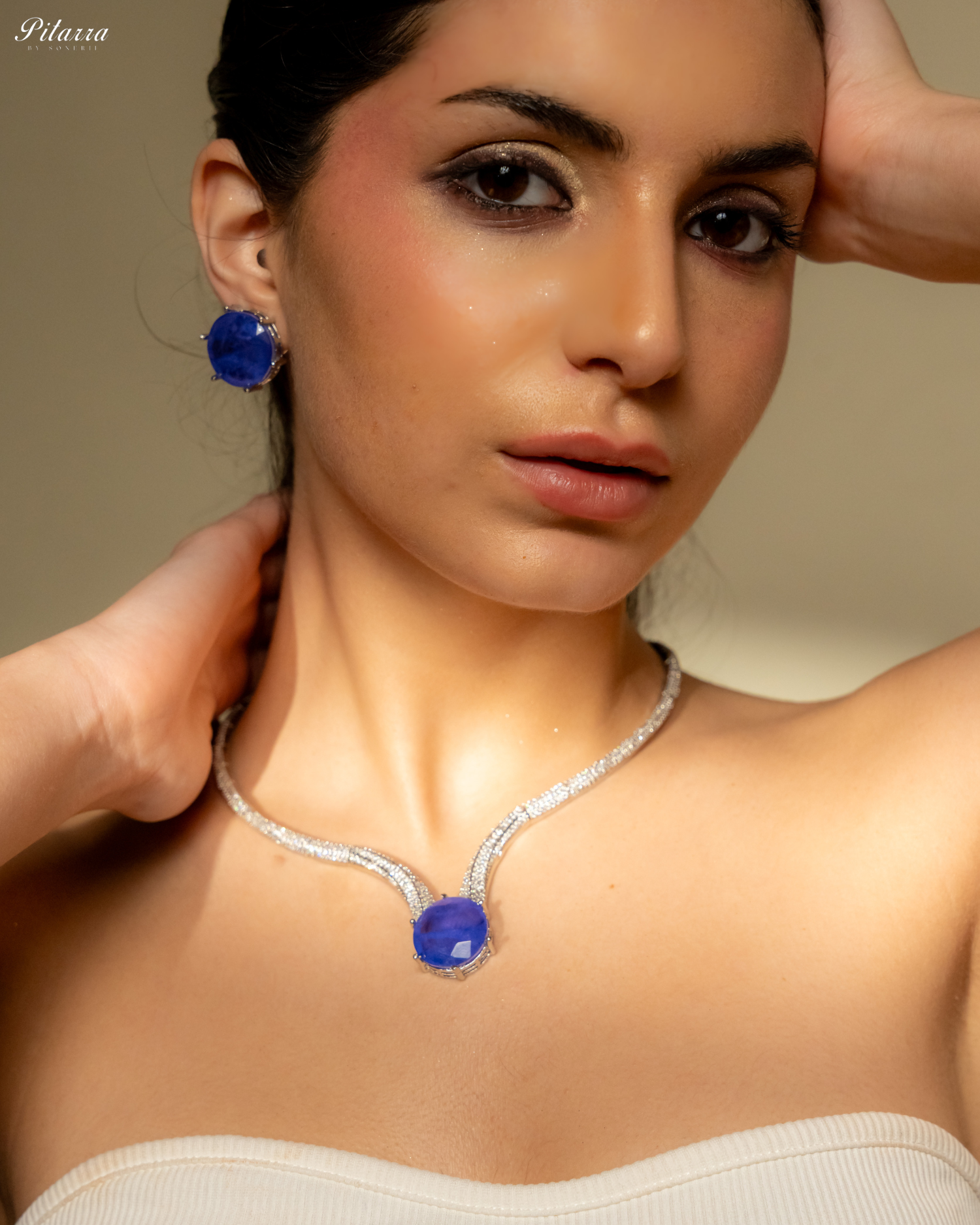 Blue Drop Stone CZ Necklace Set_Side Pose