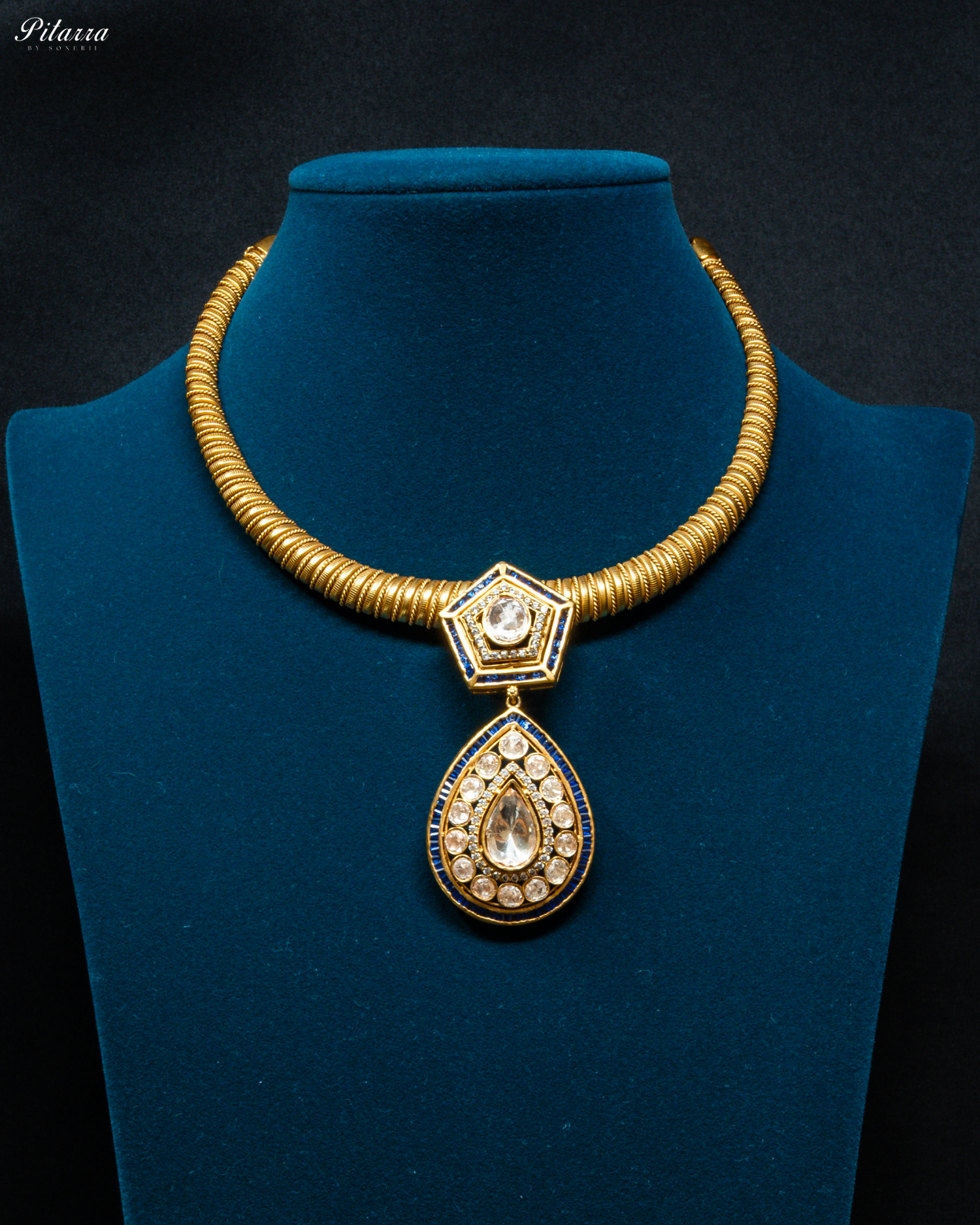 Blue Layer Gold Polki Kundan Necklace Set_Front Image