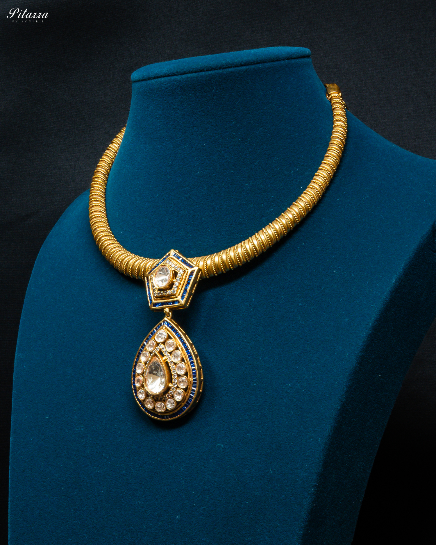 Blue Layer Gold Polki Kundan Necklace Set_Side Angle