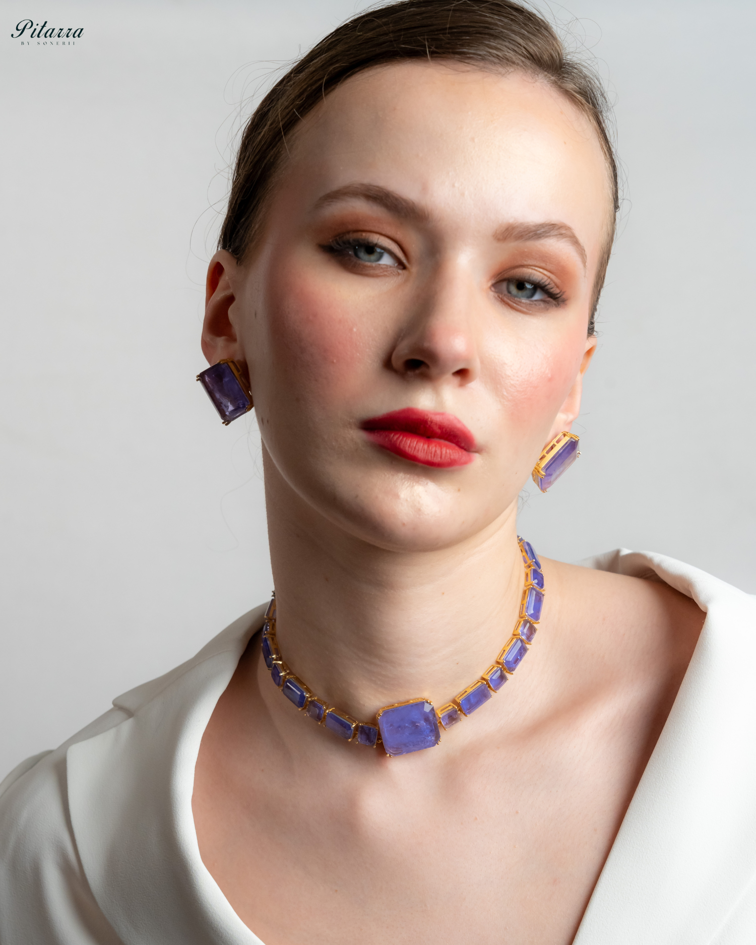 Blue Square Cubic Zirconia Necklace Set_Front Angle Pose