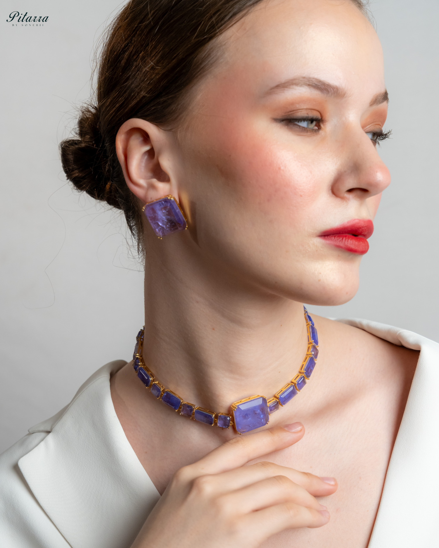 Blue Square Cubic Zirconia Necklace Set_Side 