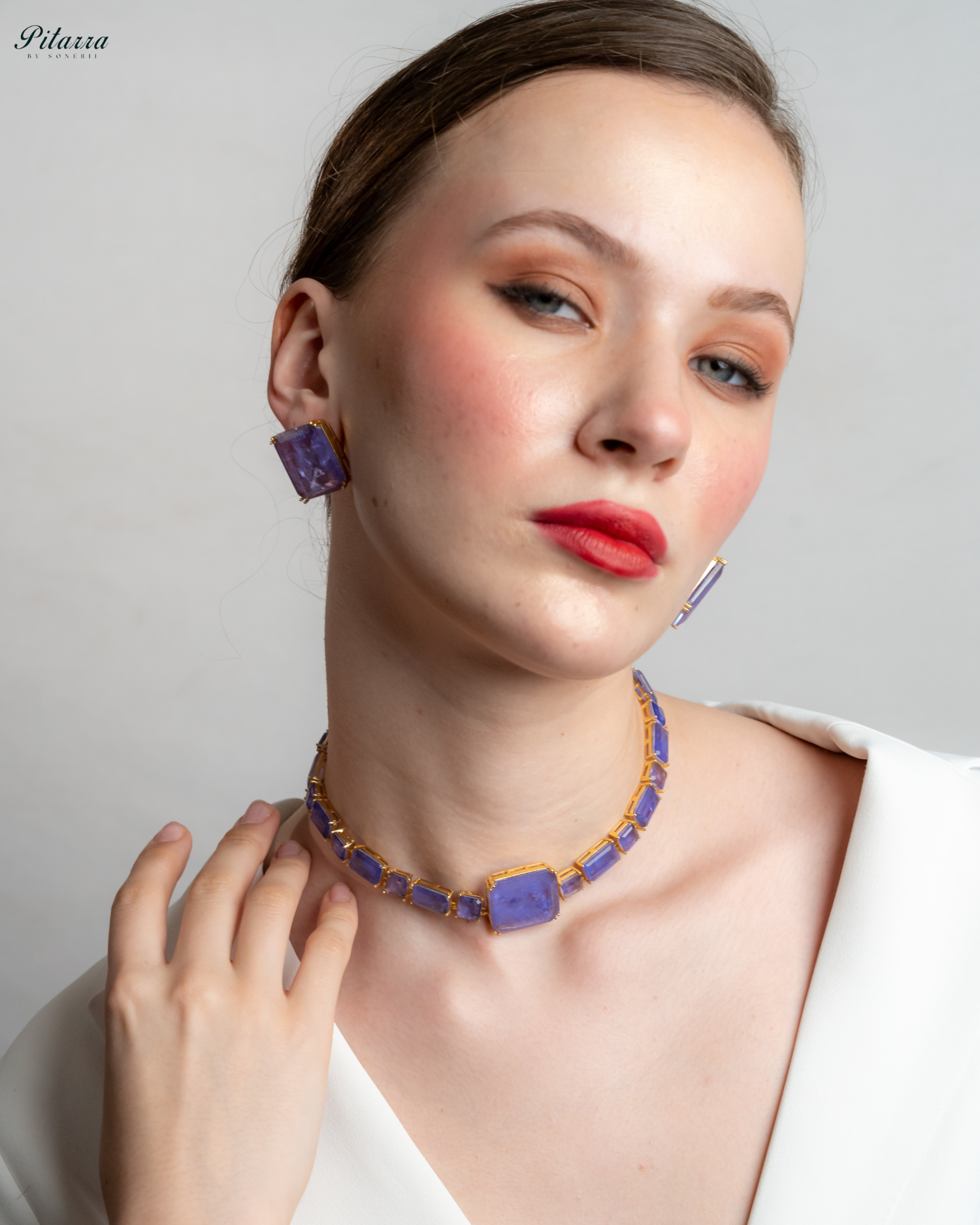 Blue Square Cubic Zirconia Necklace Set_Side Image