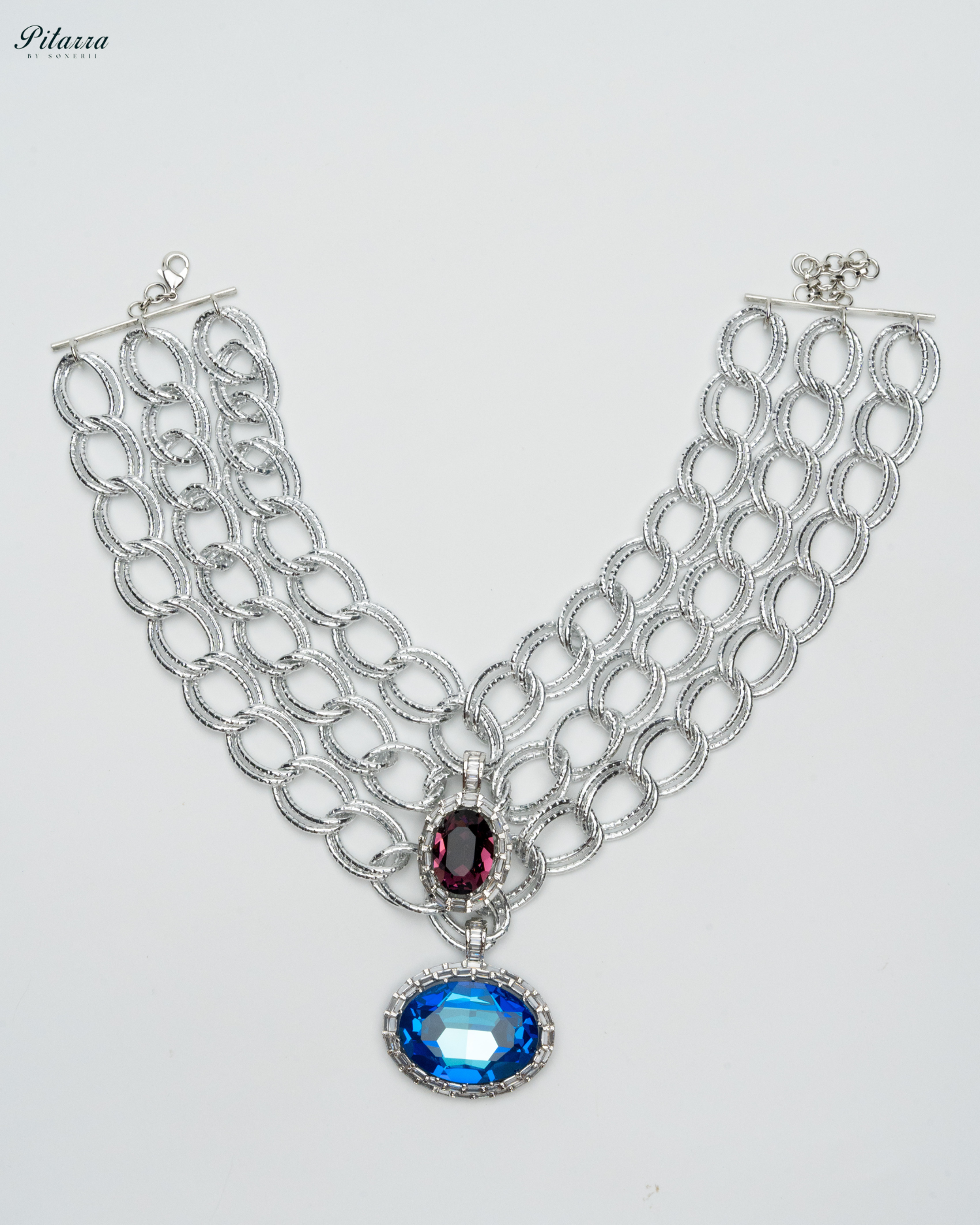 Blue Statement Pendant Silver Chain Choker_White Background Necklace