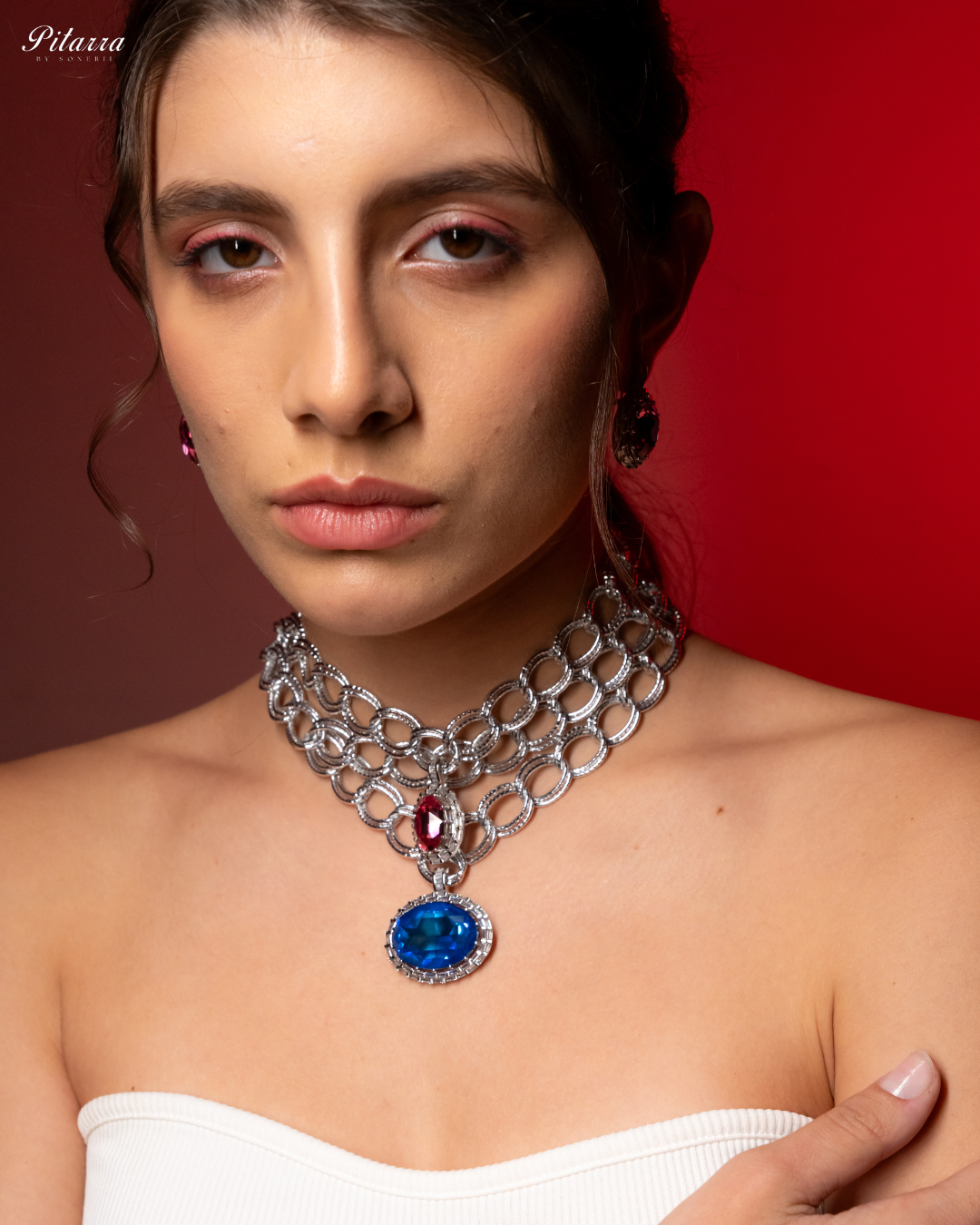 Blue Stone Statement Pendant Chain Choker_Front Pose