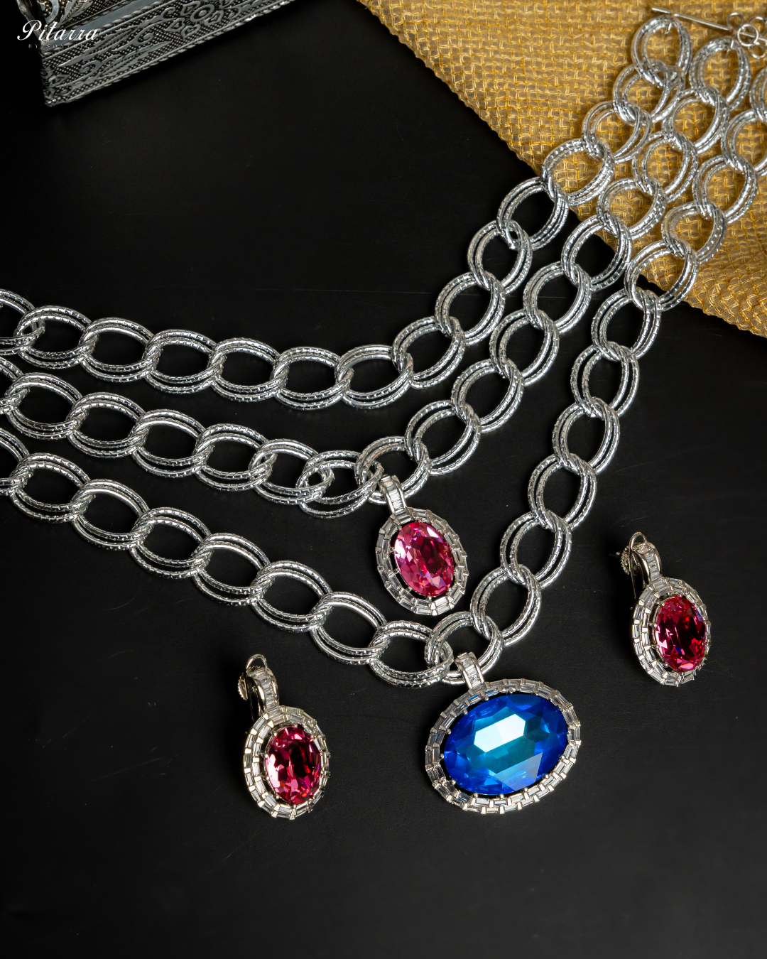 Blue Stone Statement Pendant Chain Choker_Image