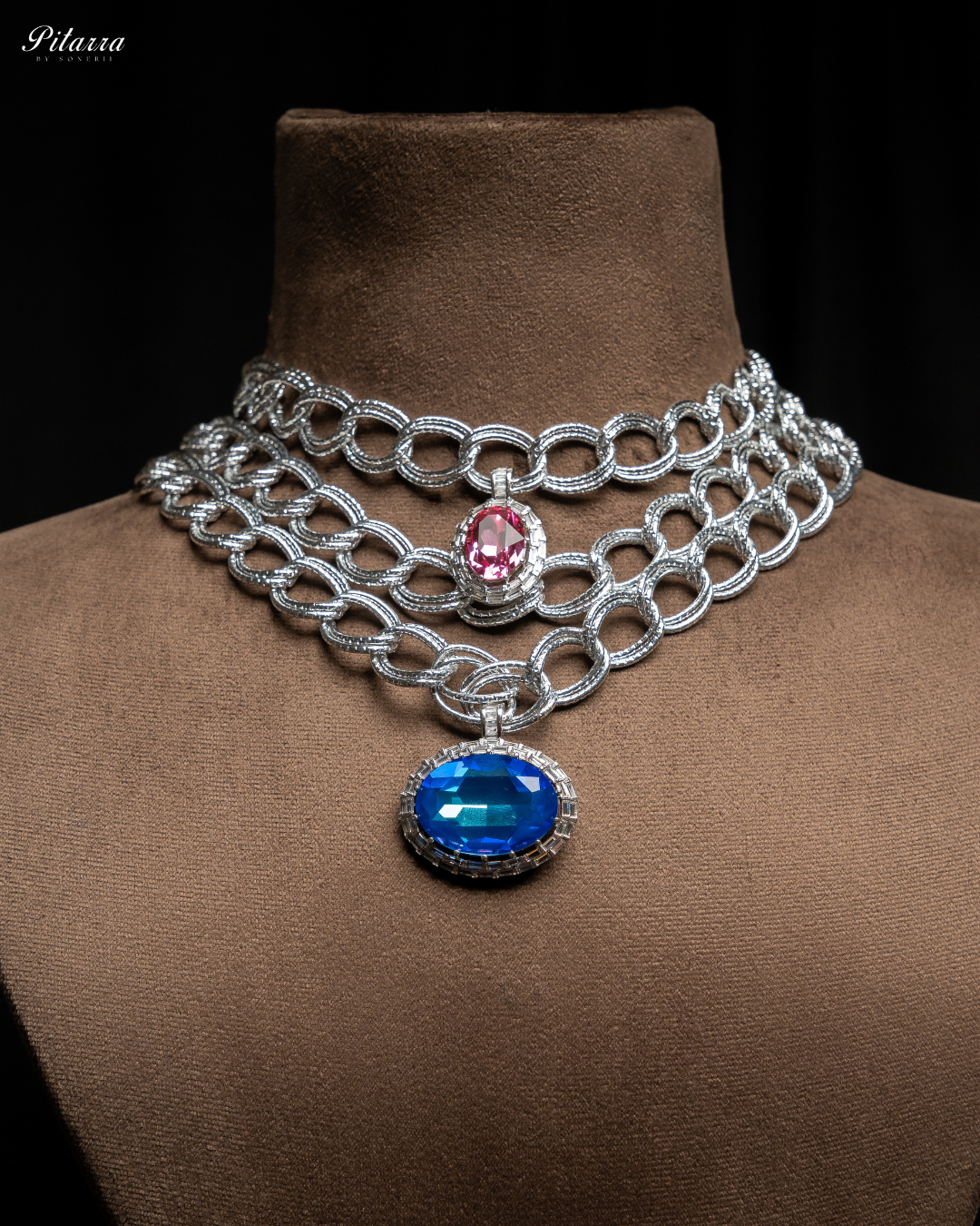 Blue Stone Statement Pendant Chain Choker_Necklace