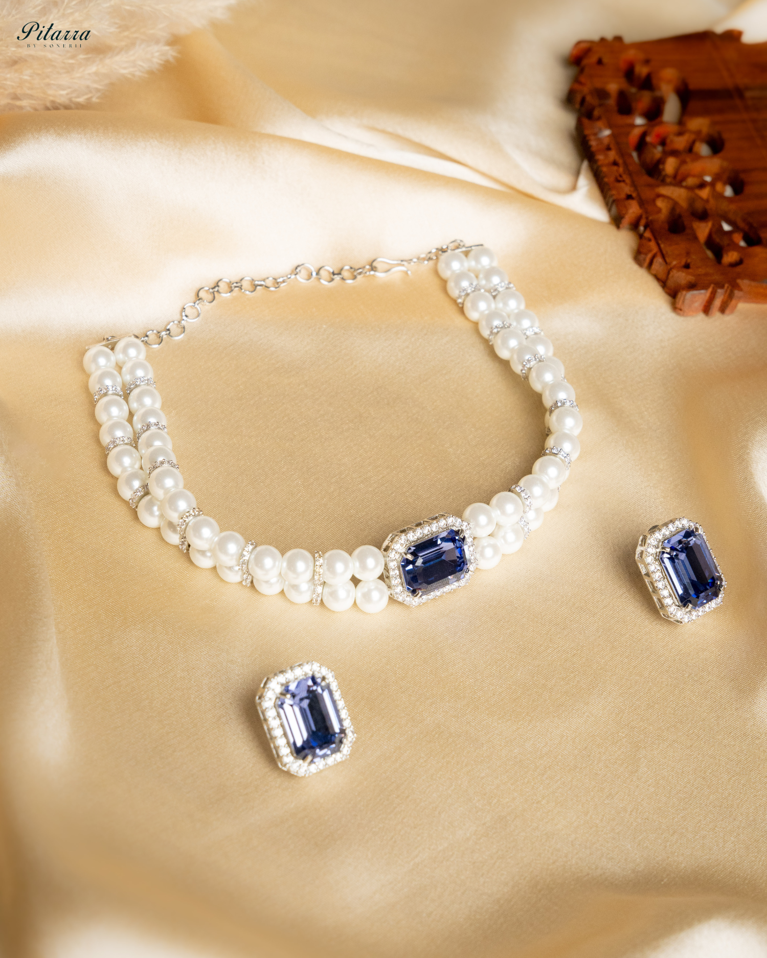 Blue Stone Two Layer Pearl Choker_Full Image
