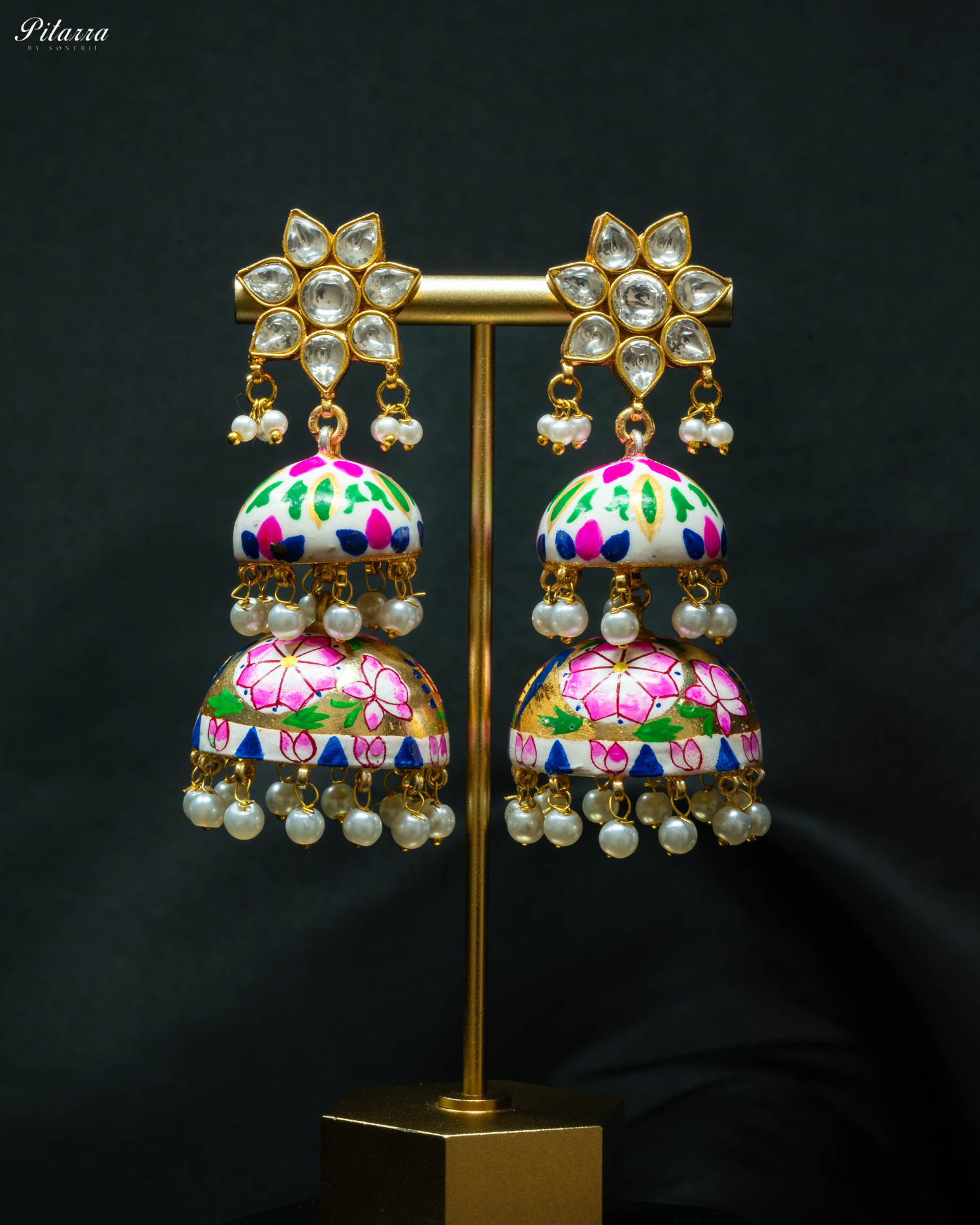 Classic Pitarra Meenakari Two Tier Zhumki Earrings_Front Image