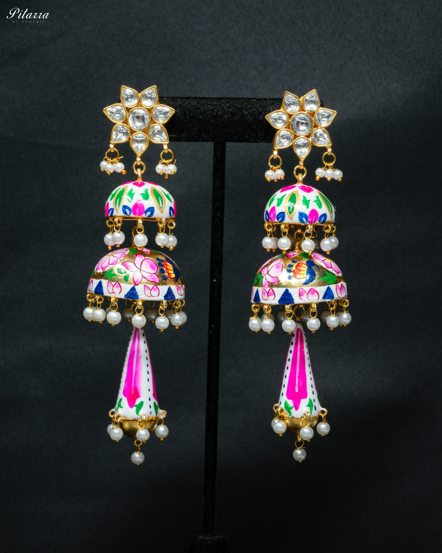 Classic Pitarra Minakari Three Tier Jhumki Earrings_Front Image