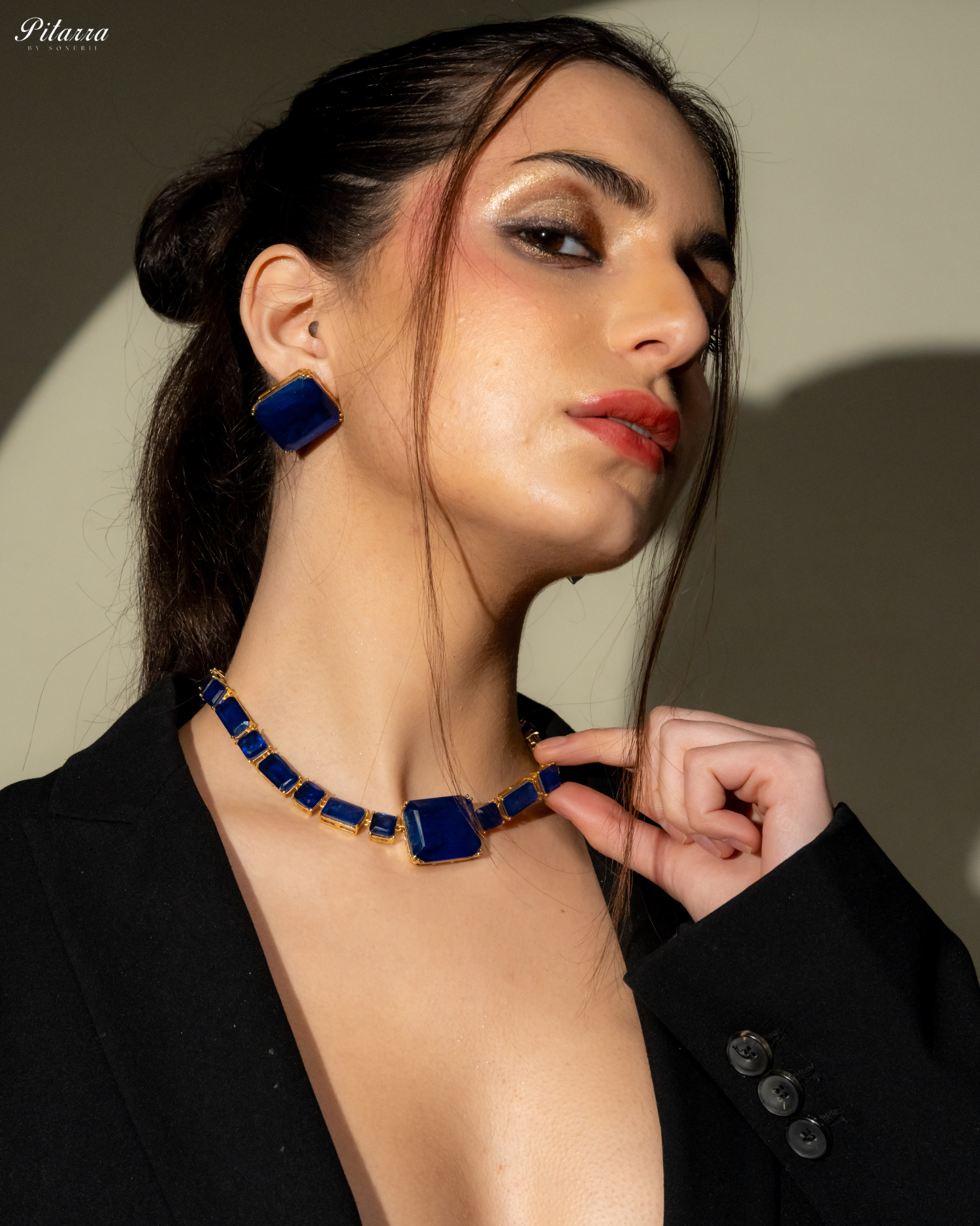 Classic Square Blue CZ Necklace Set_Side Pose