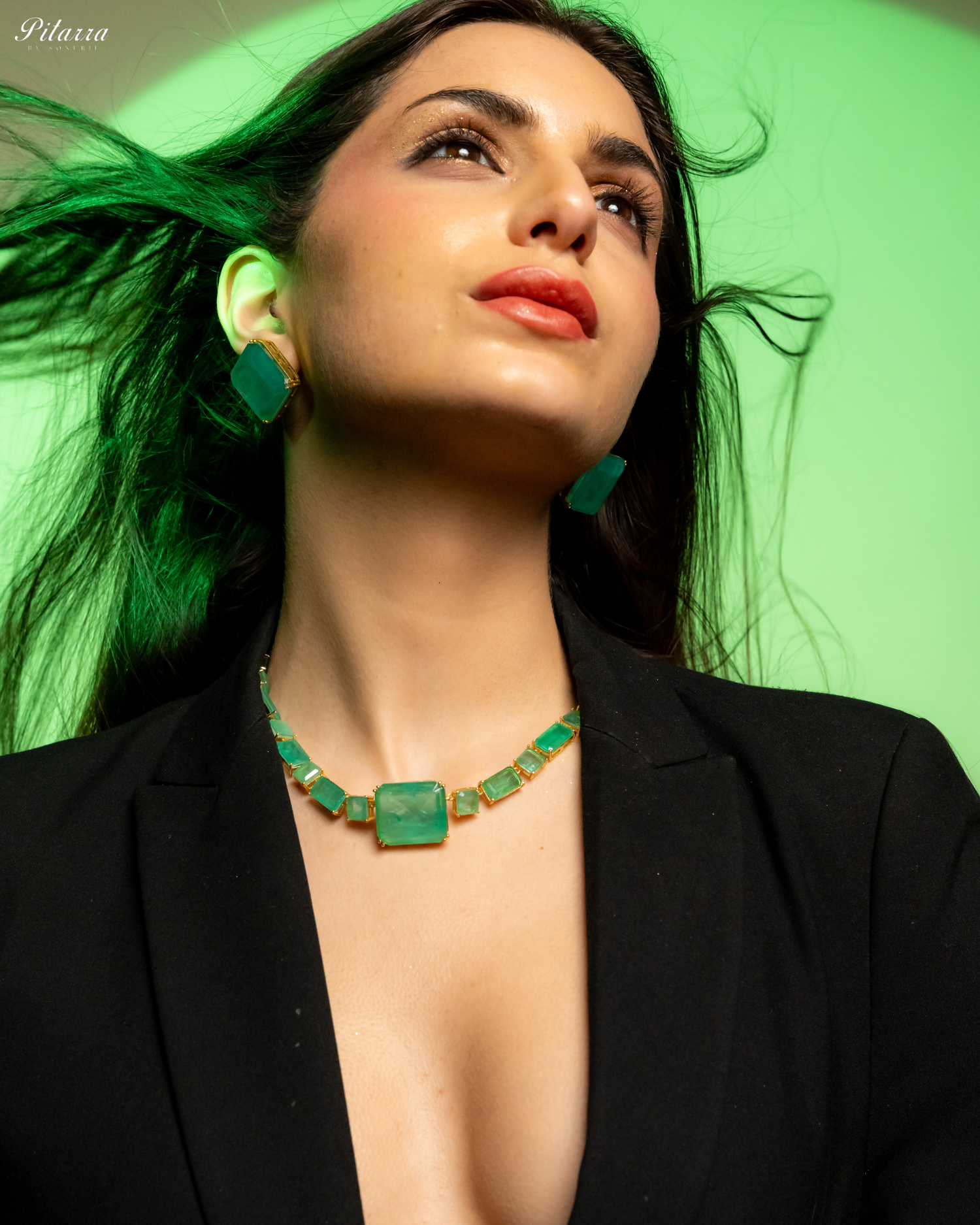 Classic Square Green CZ Necklace Set_Front Angle