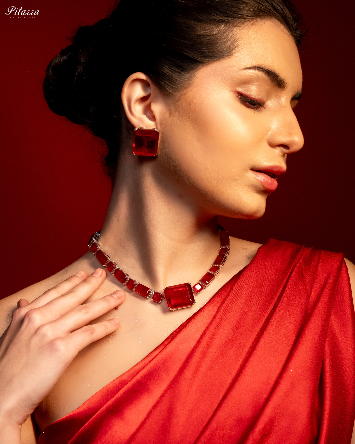 Classic Square Red CZ Necklace Set_SIde