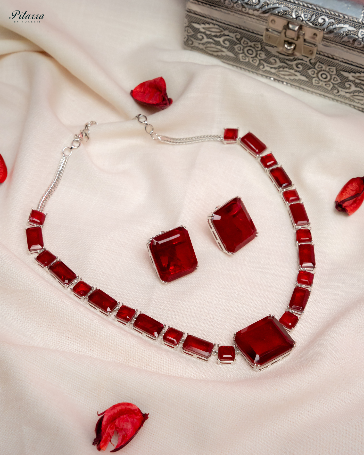 Classic Square Red CZ Necklace Set_White Background