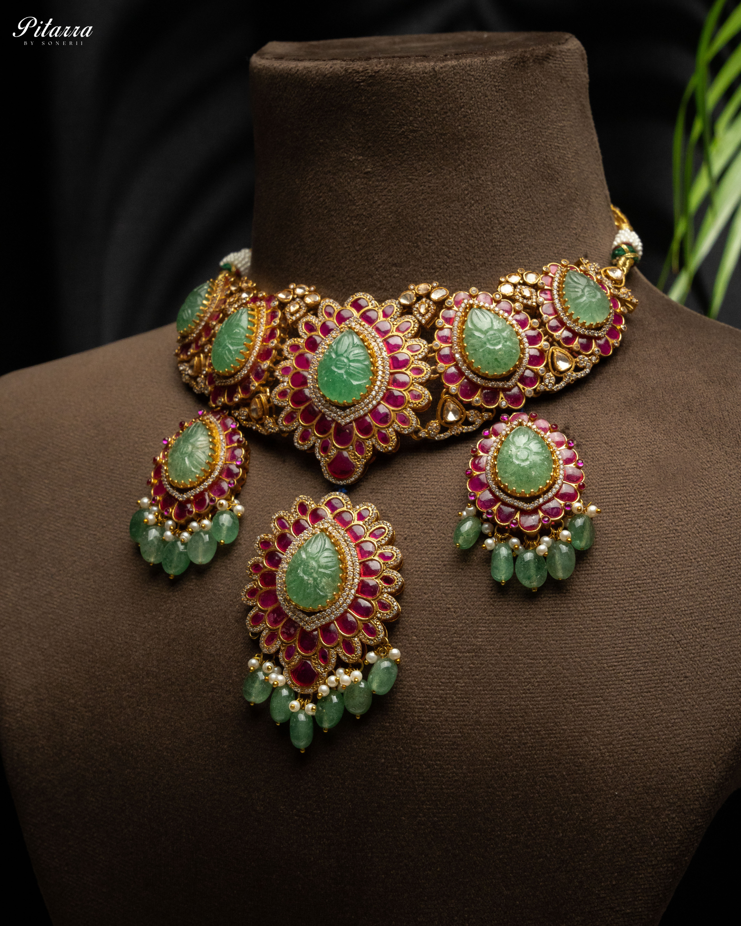 Elegant Kundan Jadau Necklace Set with Emerald Beads_Side Angle