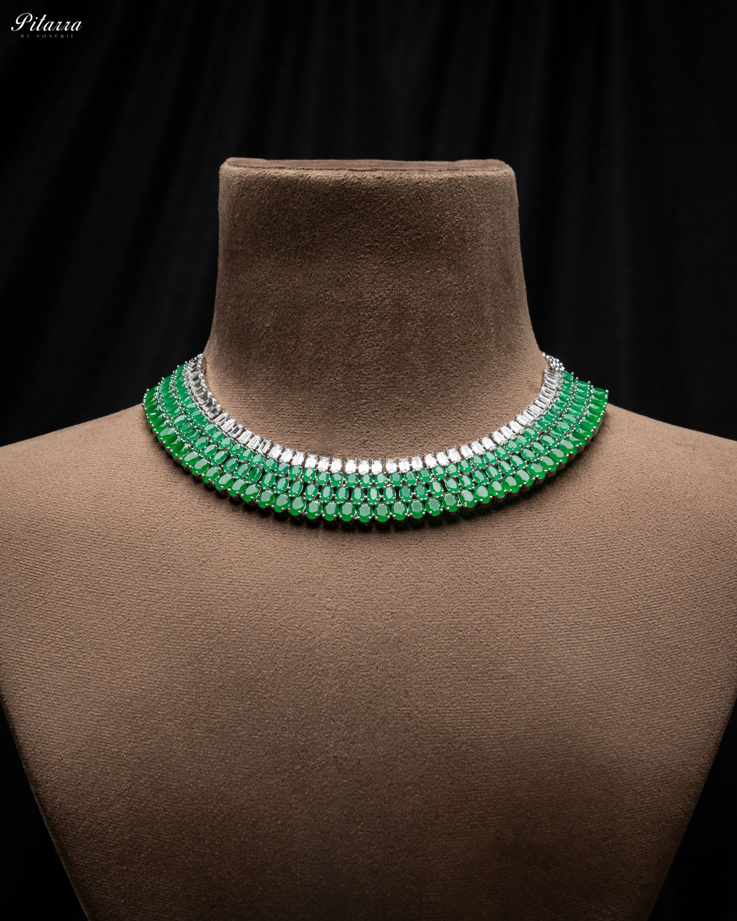 Emerald Green Layer Silver CZ Necklace Set