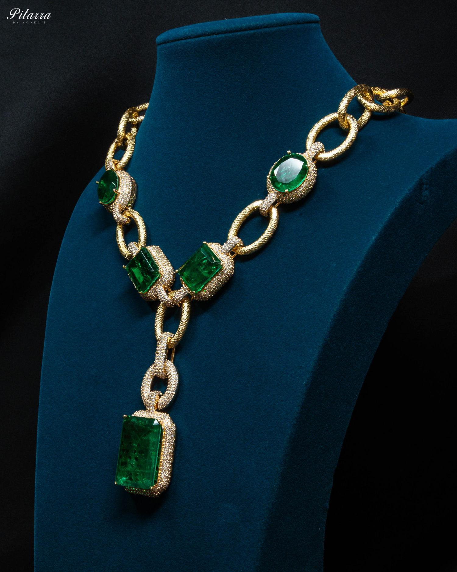 Gold Finish Emerald Stone Zircon Long Necklace Set - Side Angle