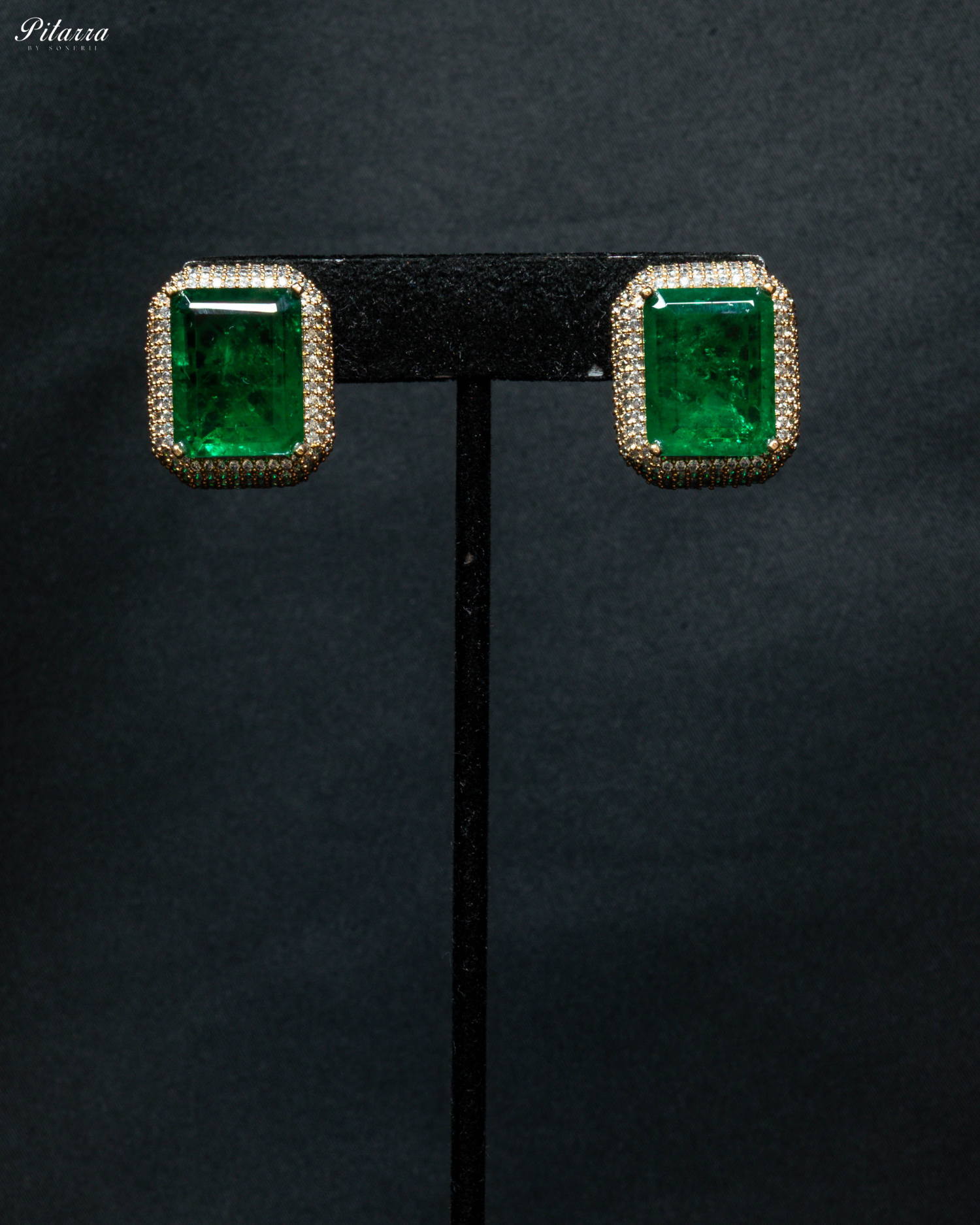 Gold Finish Emerald Stone Zircon Long Necklace Set_Earrings