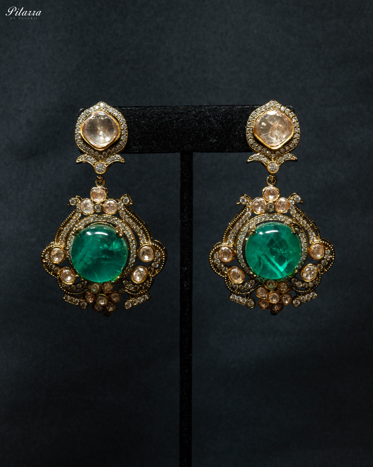 Gold Finish Green Polki Traditional Kundan Necklace Set_Earrings