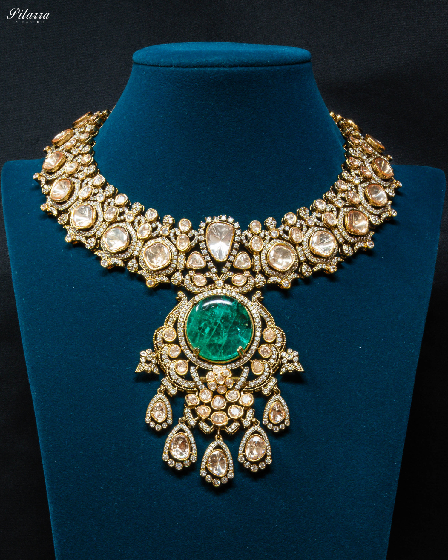 Gold Finish Green Polki Traditional Kundan Necklace Set_Front Image