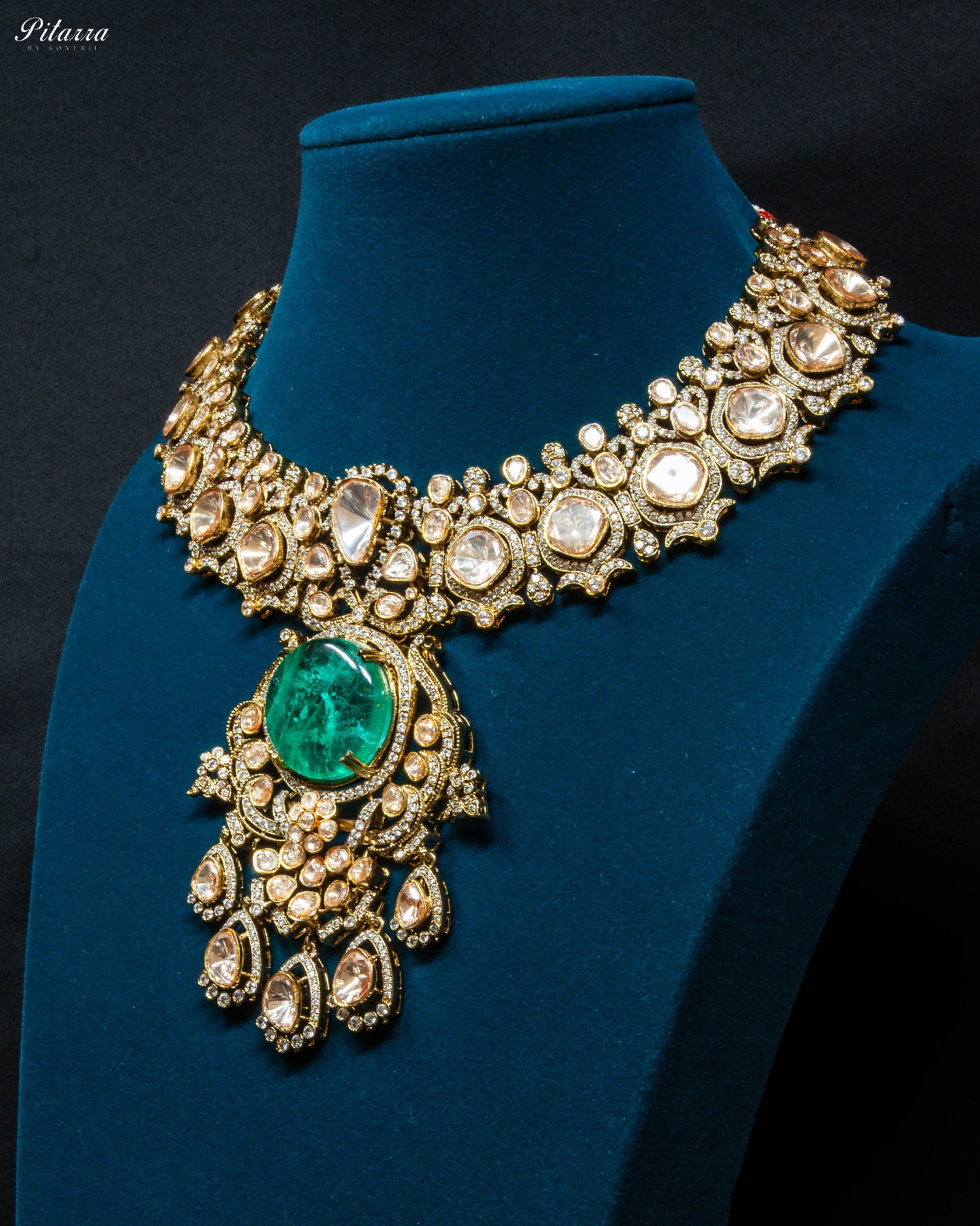 Gold Finish Green Polki Traditional Kundan Necklace Set_Side Angle