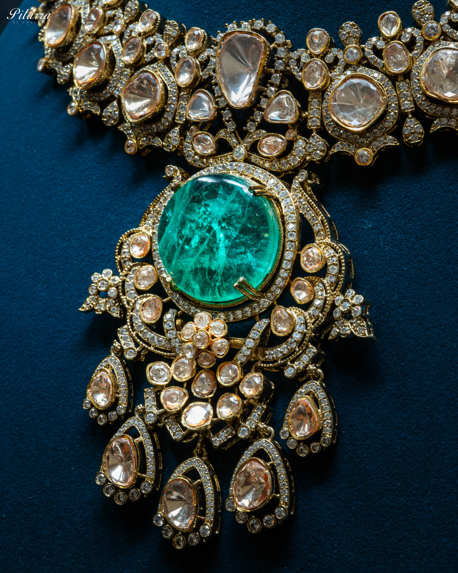 Gold Finish Green Polki Traditional Kundan Necklace Set_Zoom Angle