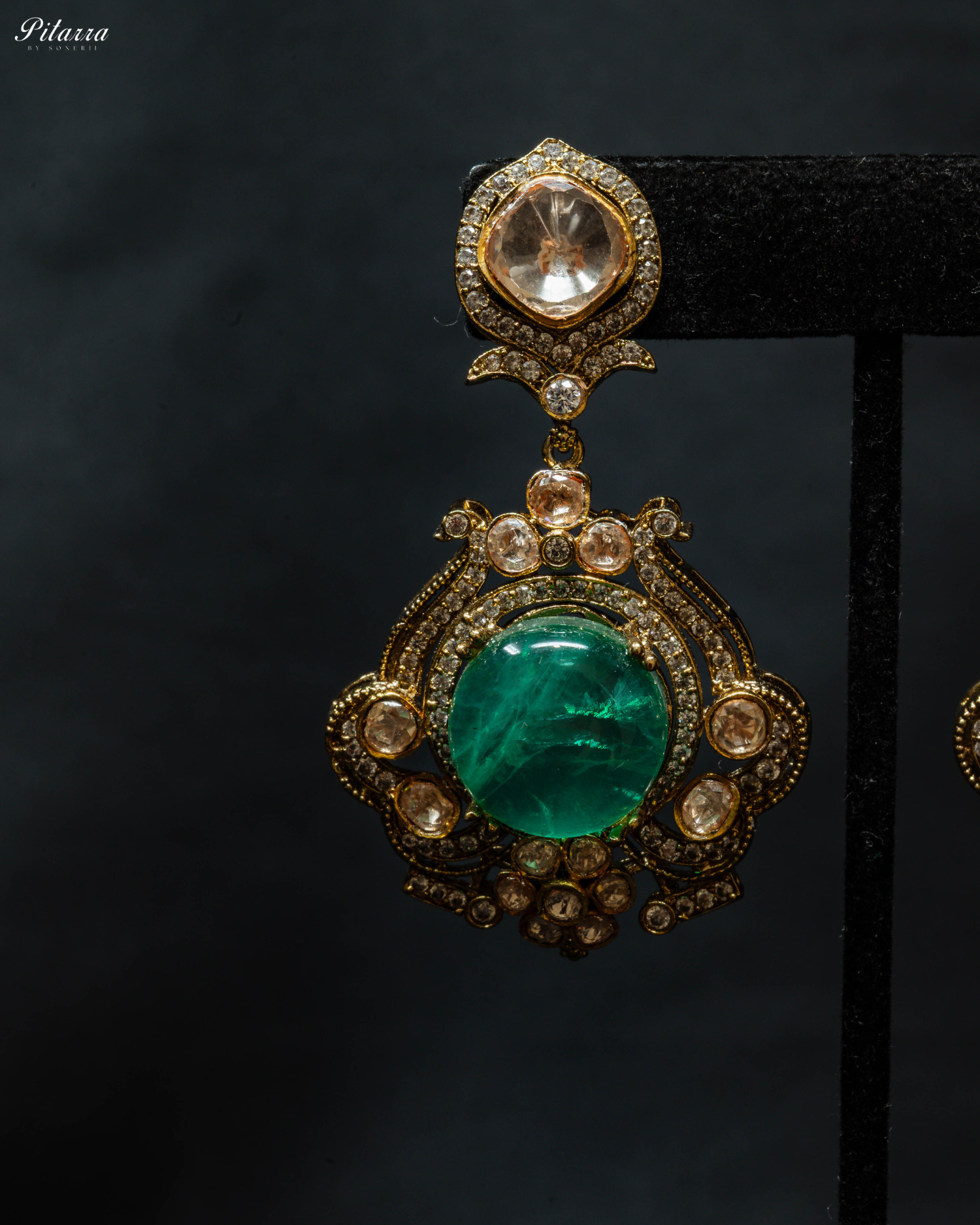 Gold Finish Green Polki Traditional Kundan Necklace Set_Zoom Earrings