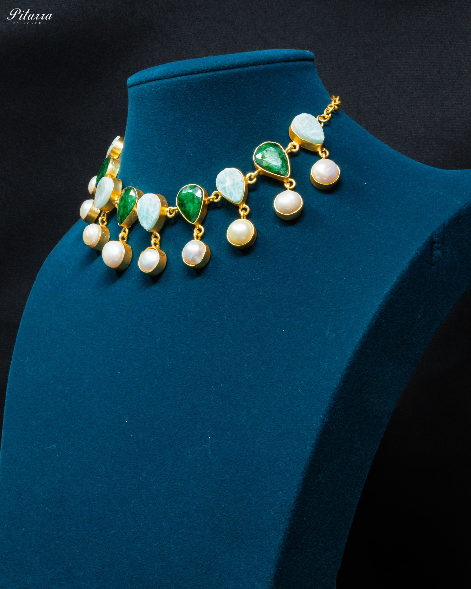 Gold Finish Green Stone Kundan Necklace Set_Side Angle