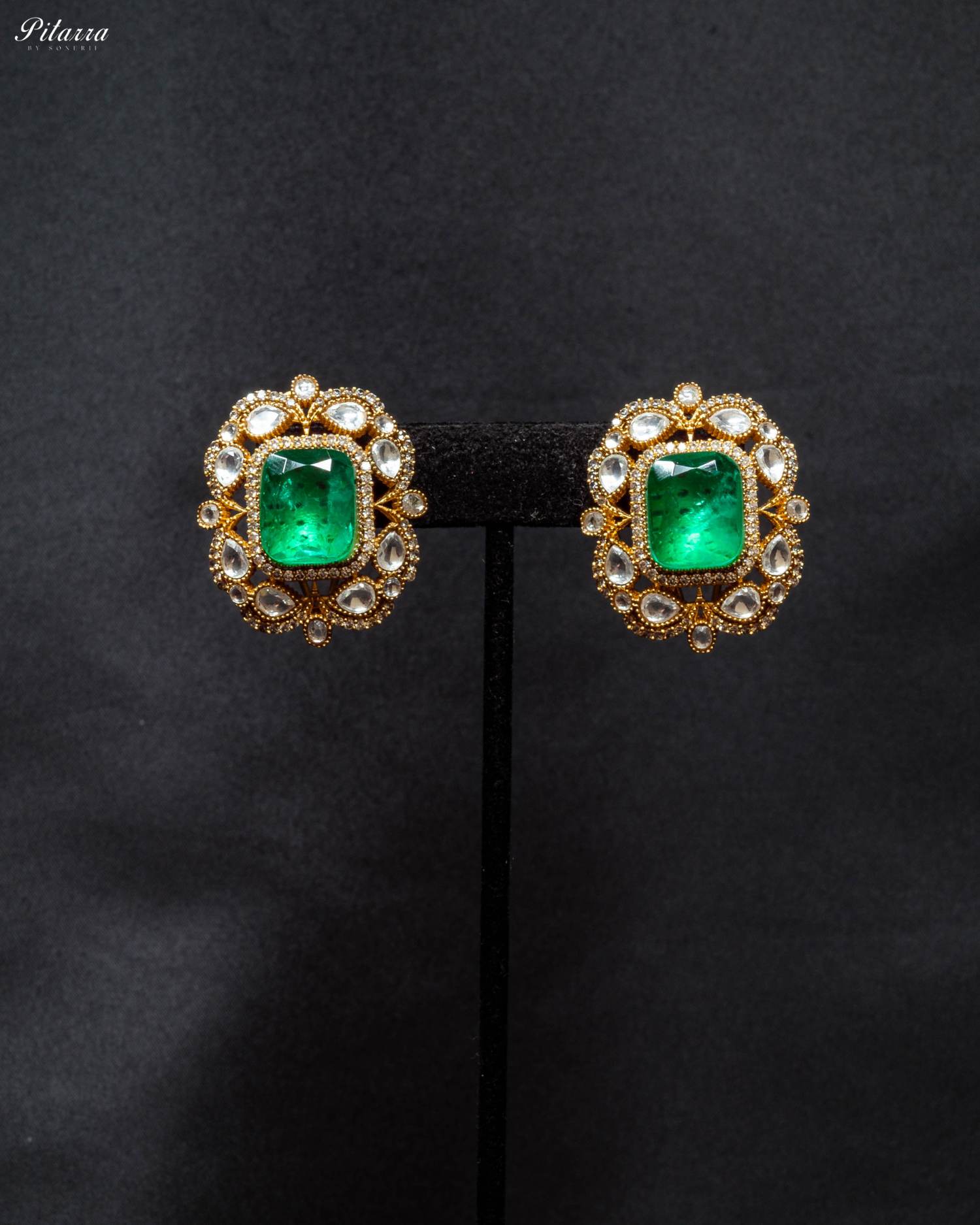 Gold Finish Green Stone Kundan Stud Earrings_Front Image