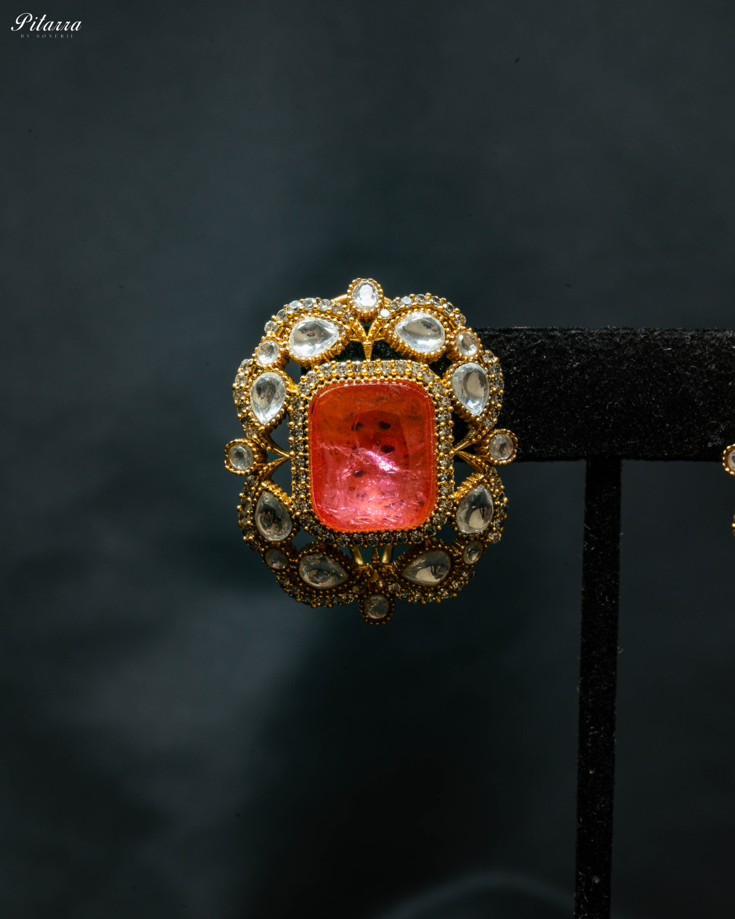 Gold Finish Orange Stone Kundan Stud Earrings_Zoom Angle