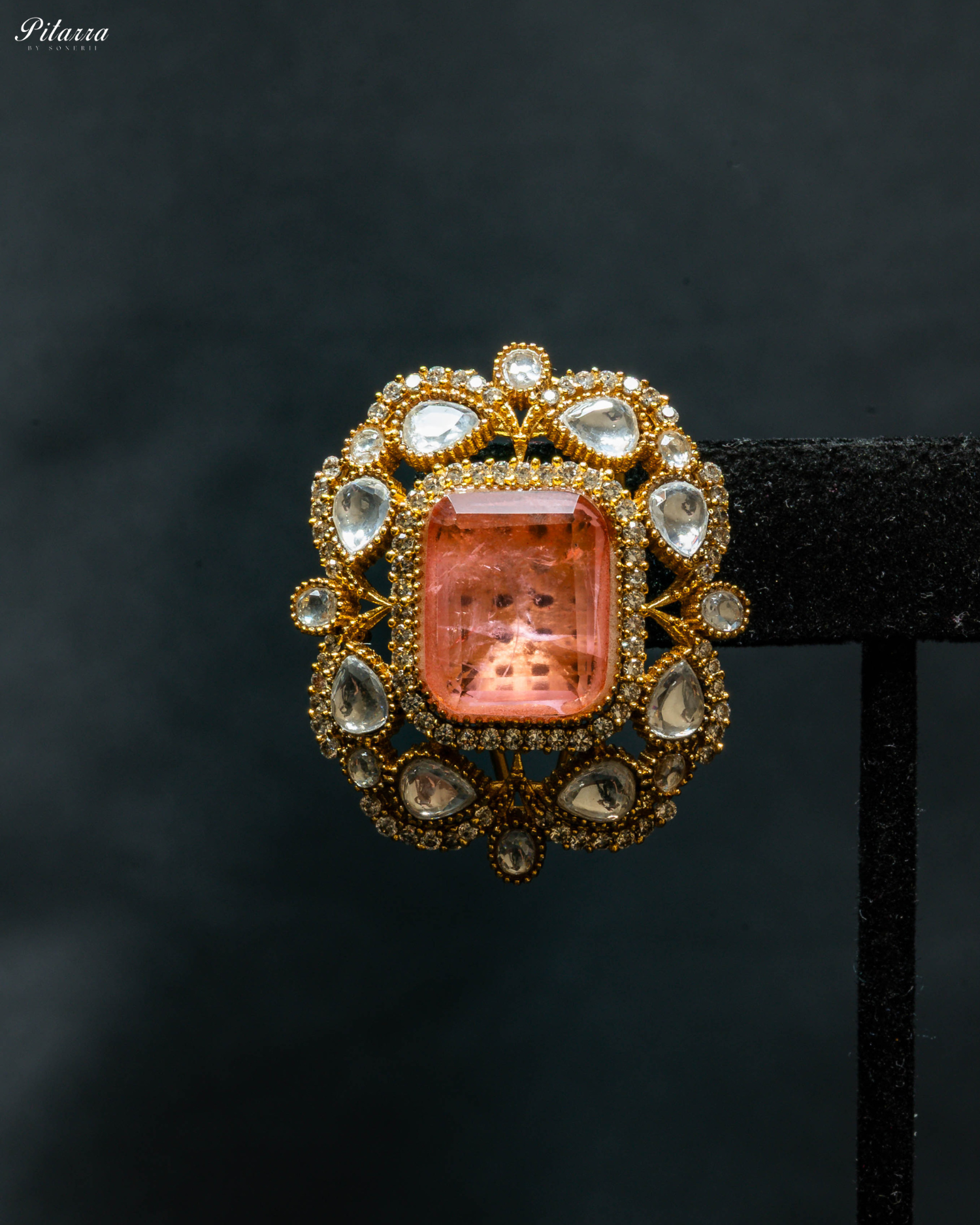 Gold Finish Peach Stone Kundan Stud Earrings_Zoom Angle