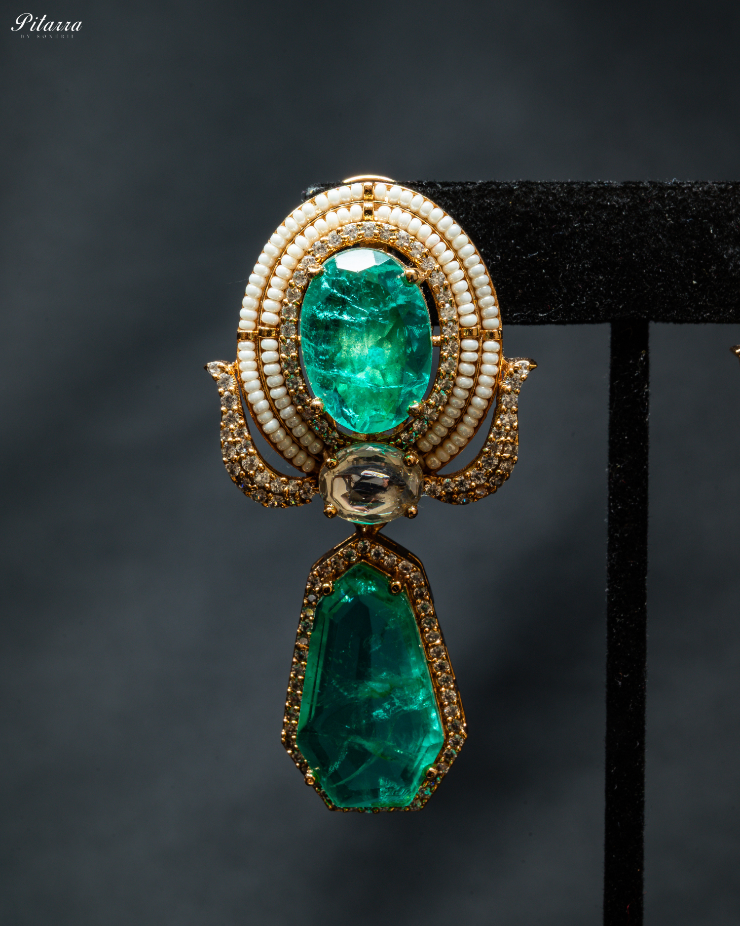 Gold Finish Zircon Green Dangler Earrings_Side Angle