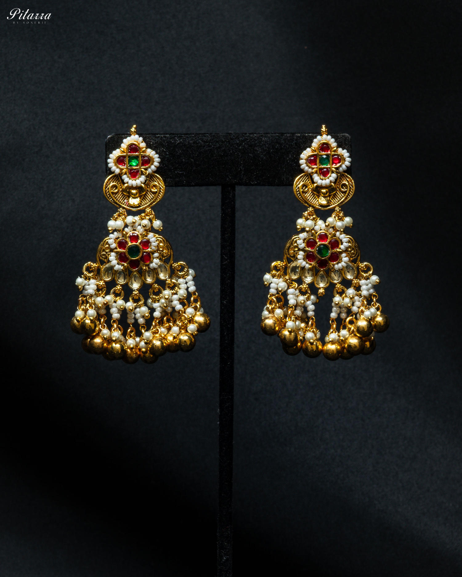 Gold Plated Green and Red Stone Studded Kundan Necklace Set_Earrings