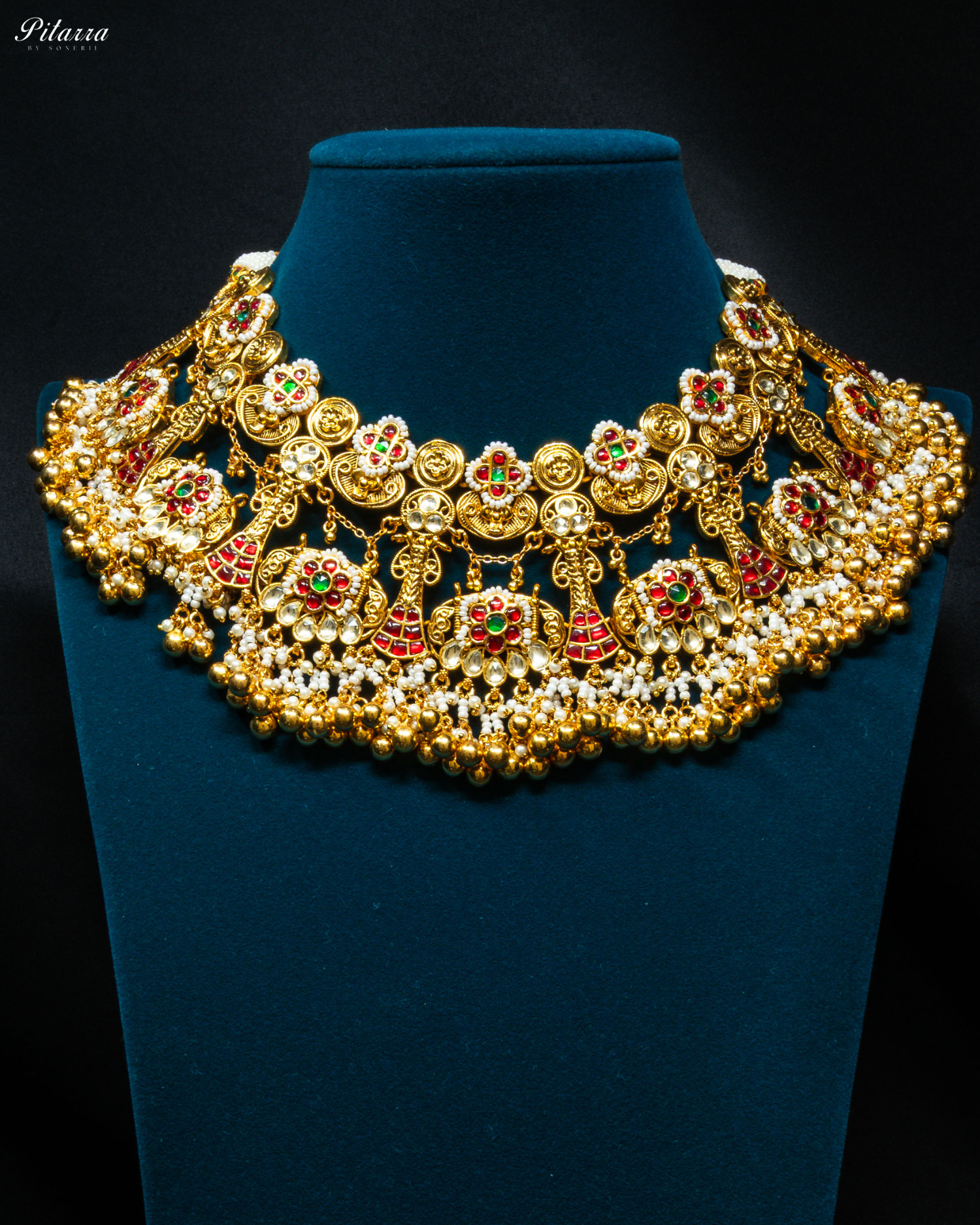 Gold Plated Green and Red Stone Studded Kundan Necklace Set_Front Image