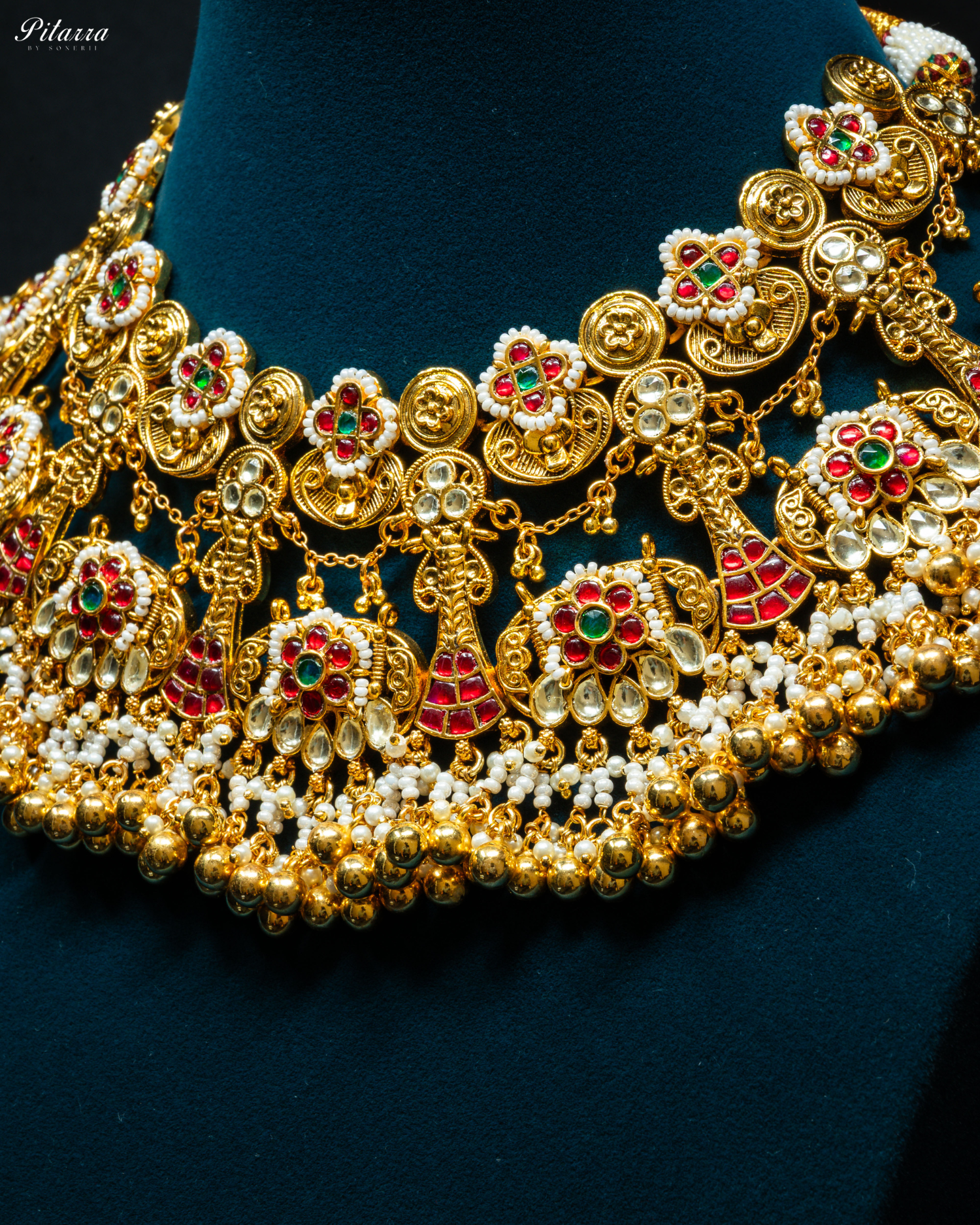 Gold Plated Green and Red Stone Studded Kundan Necklace Set_Zoom Angle