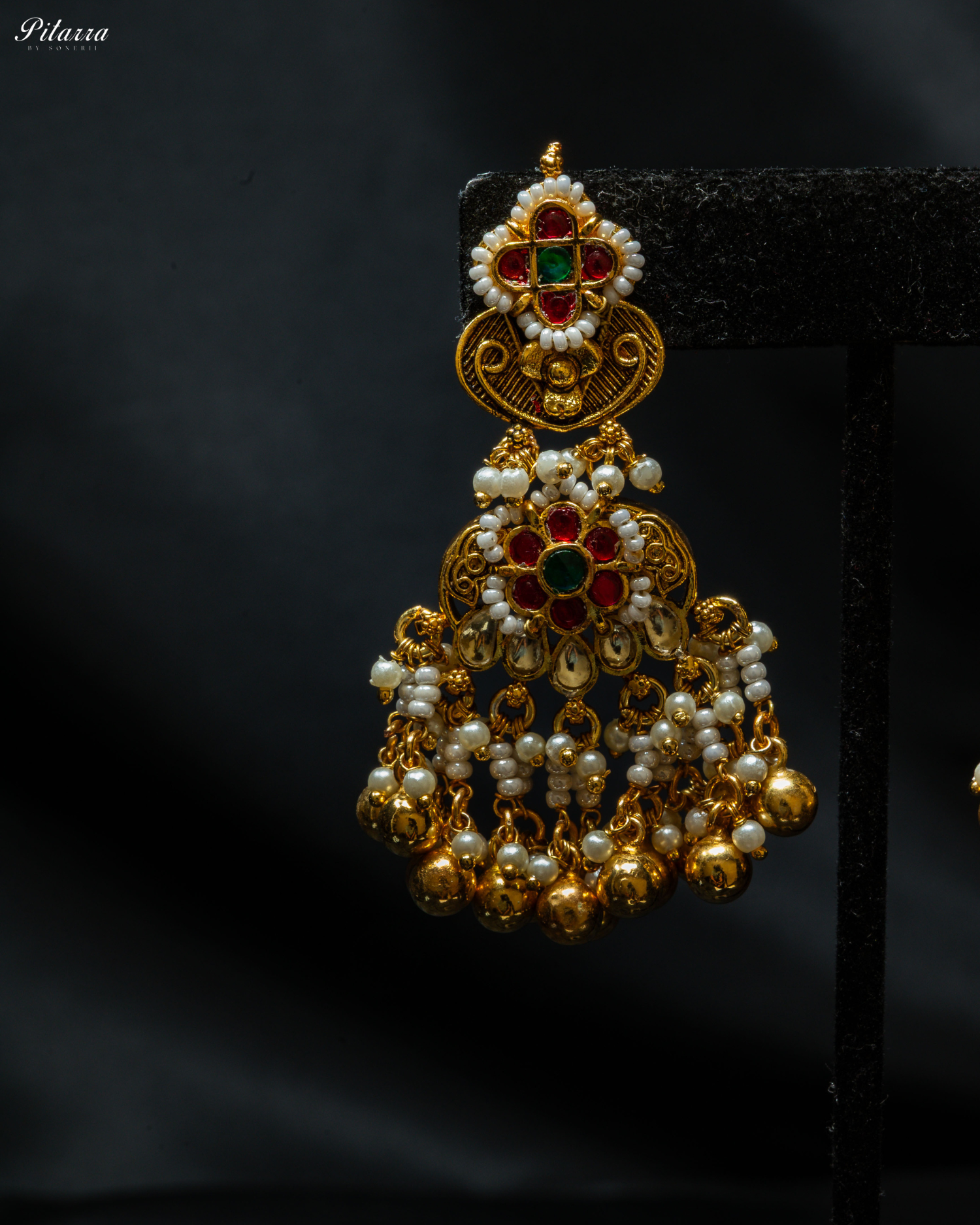 Gold Plated Green and Red Stone Studded Kundan Necklace Set_Zoom Earrings