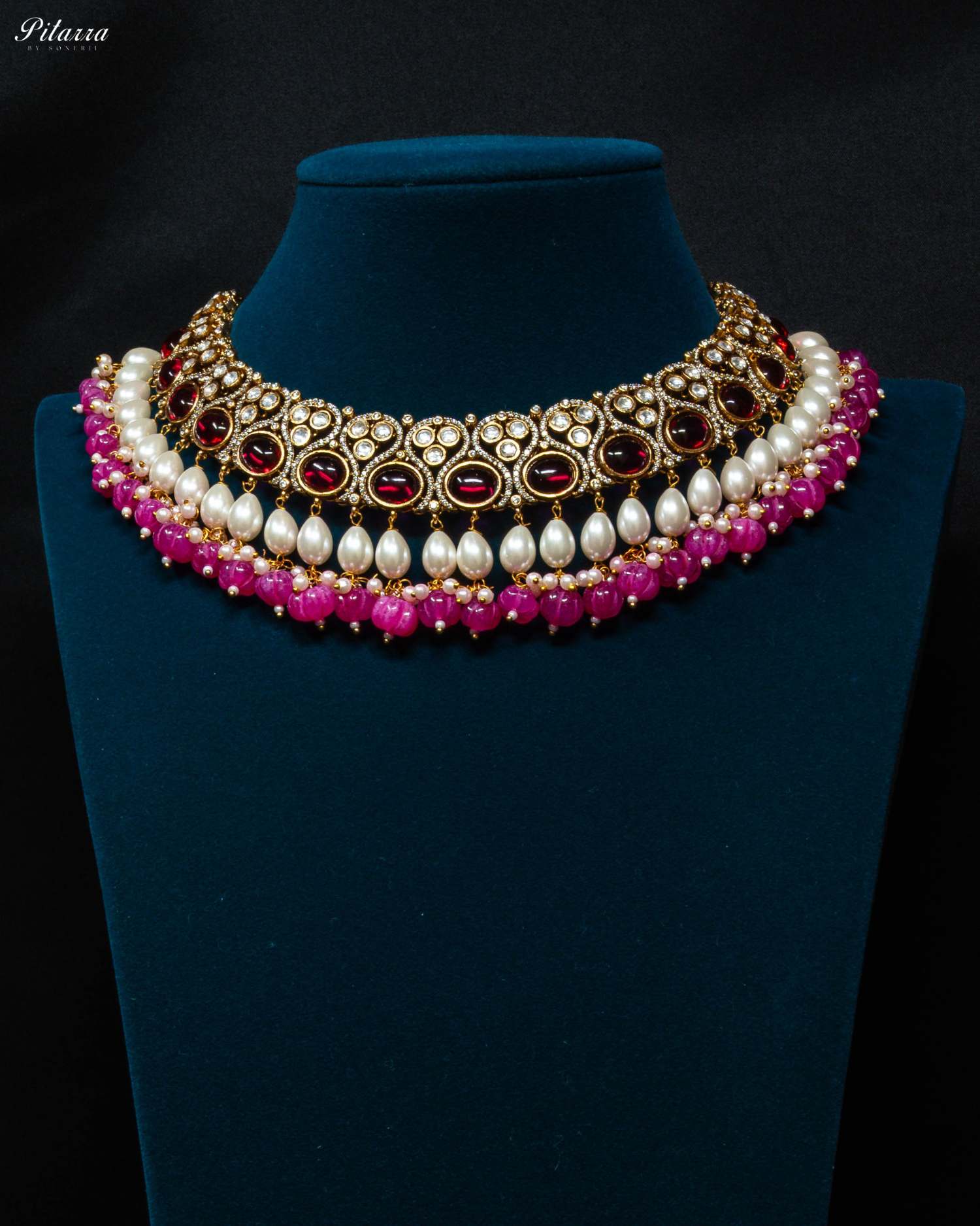 Gold Plated Pink Meenakari Kundan Necklace Set_Front Image
