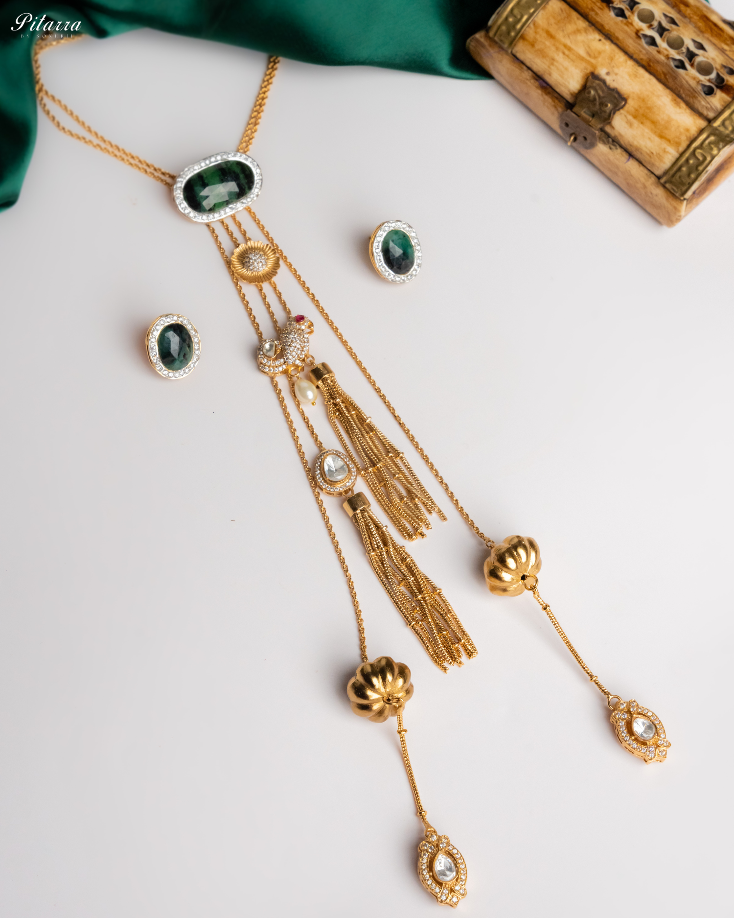 Gold Tone Chain Green Stone Necklace Set_Main Image