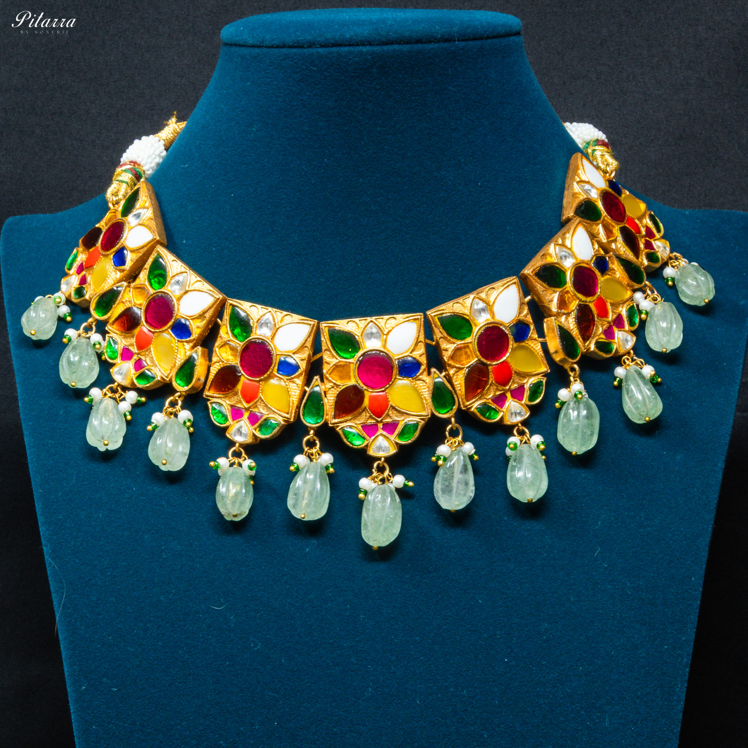 Green Beads Navratna Design Stone Choker Set_Front Image