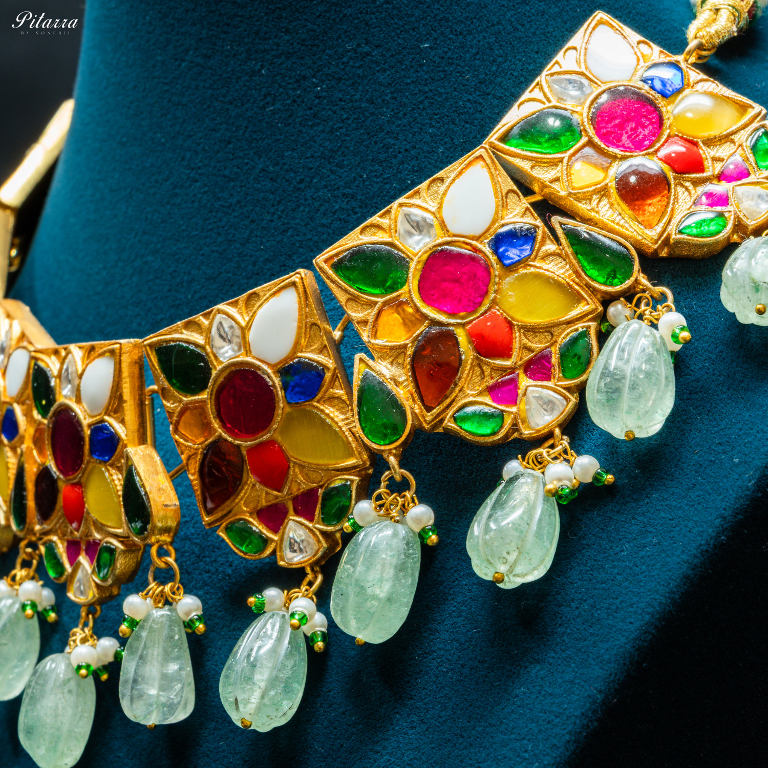 Green Beads Navratna Design Stone Choker Set_Zoom Angle