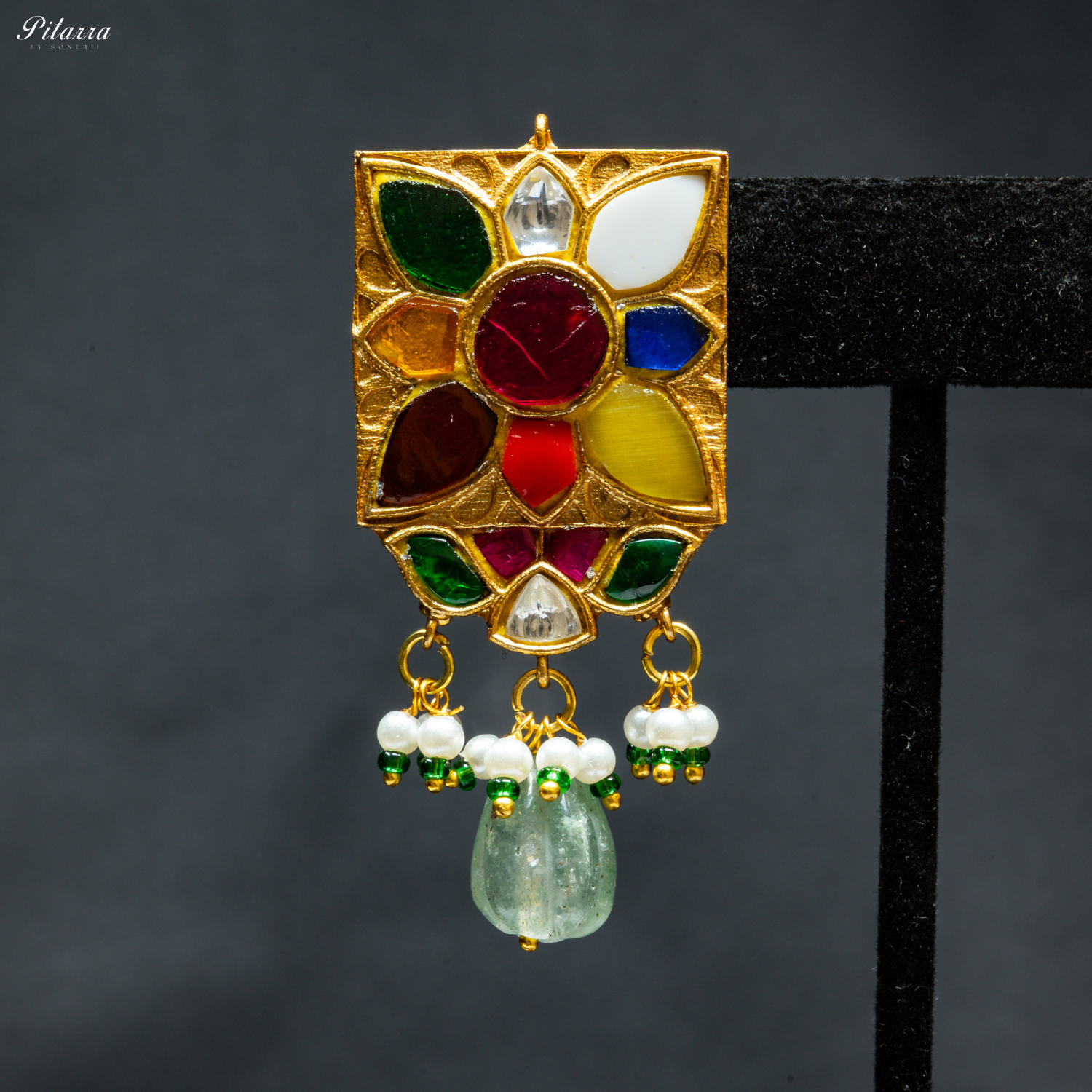 Green Beads Navratna Design Stone Choker Set_Zoom Earrings
