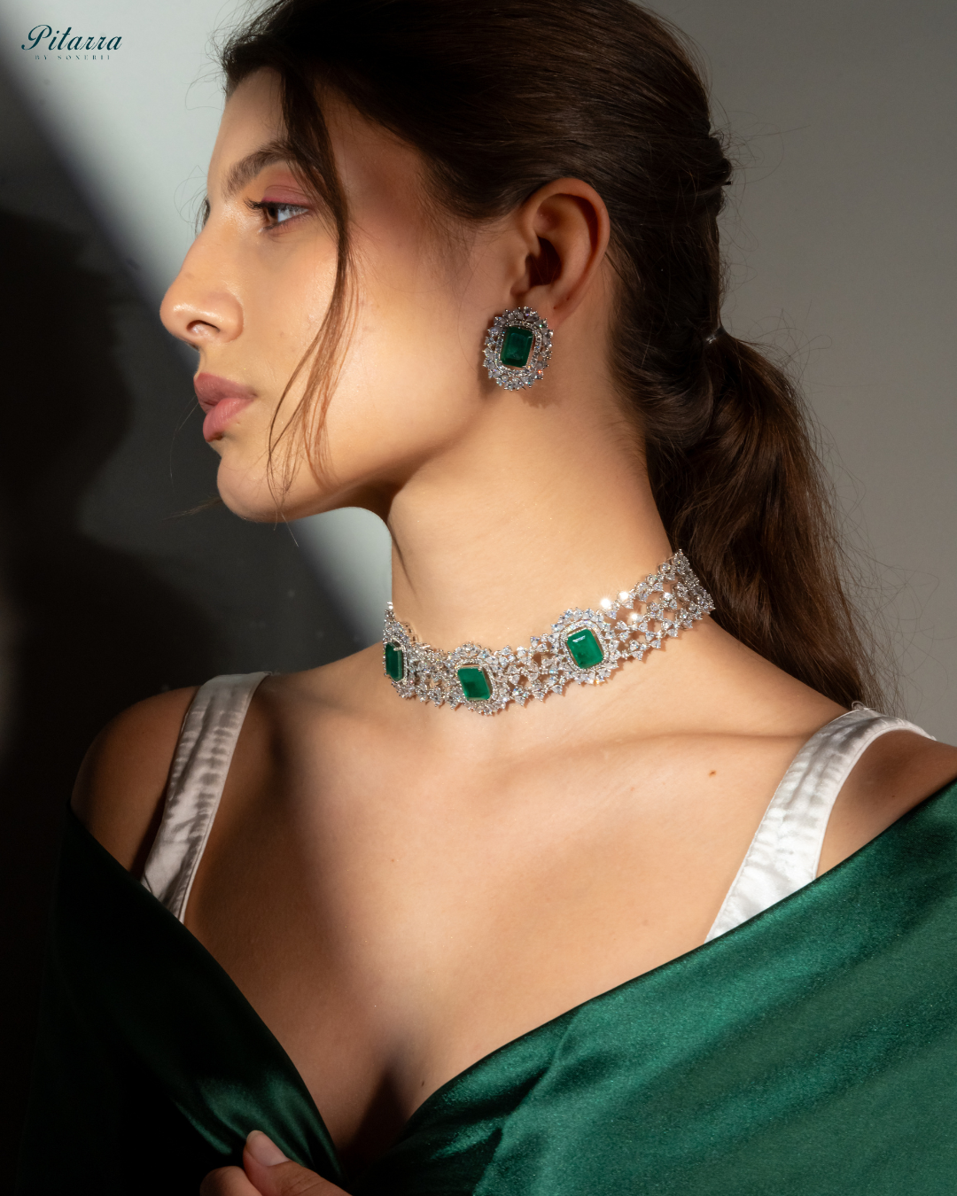 Green Cubic Zircon Choker Set_Left Angle