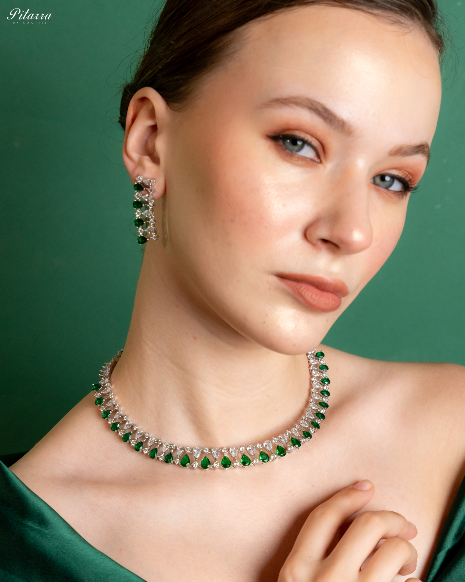 Green Drop CZ Necklace Set_Side Pose