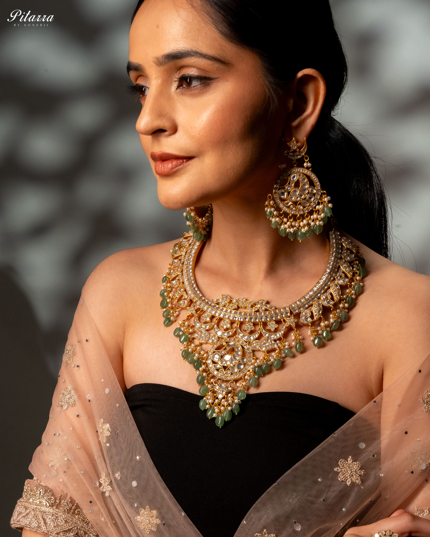 Green Gold Plated Jadau Traditional Kundan Necklace Set Model Side Shoot