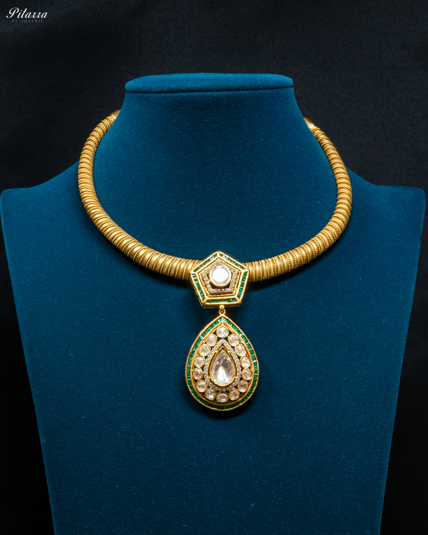 Green Layer Gold Polki Kundan Necklace Set_Front Image